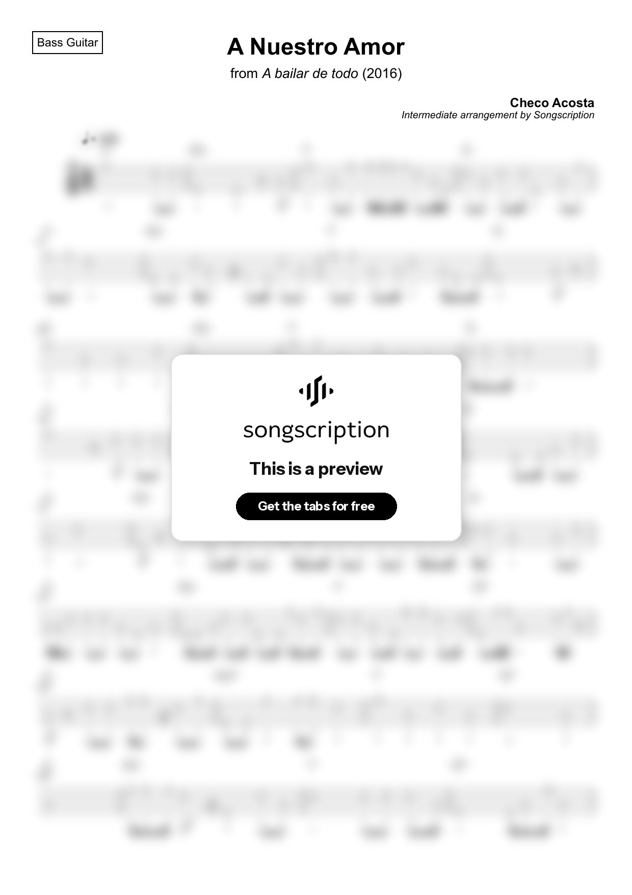 Intermediate Bass Guitar Tabs for "A Nuestro Amor" by Checo Acosta