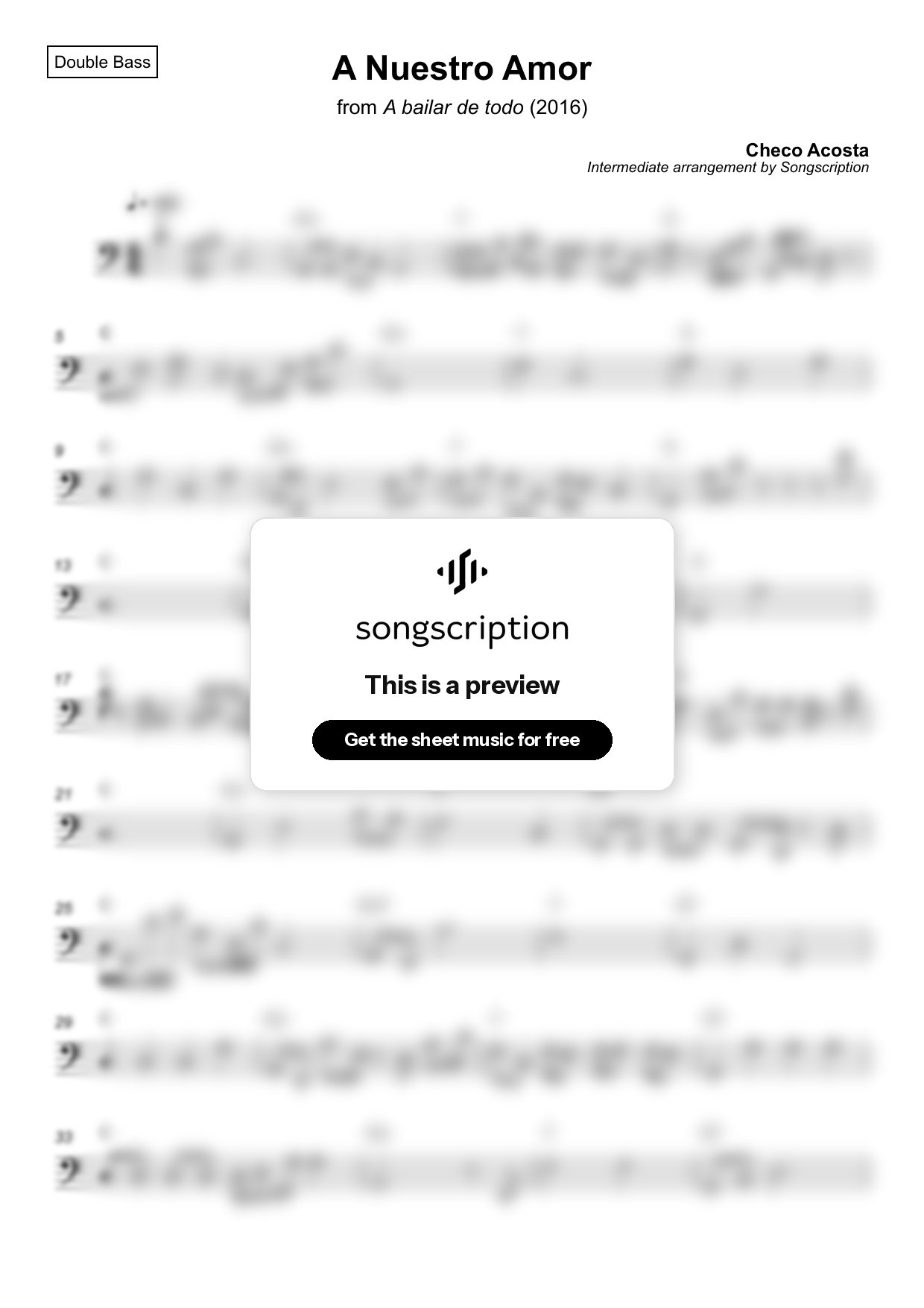 Intermediate Double Bass Sheet Music for "A Nuestro Amor" by Checo Acosta