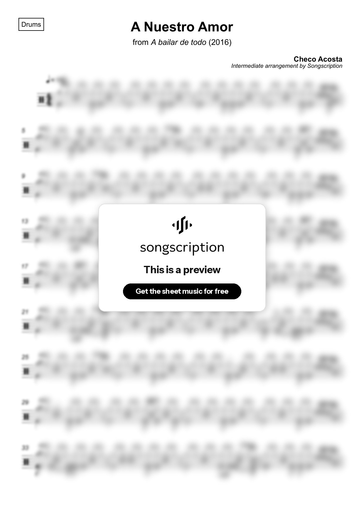 Intermediate Drums Sheet Music for "A Nuestro Amor" by Checo Acosta