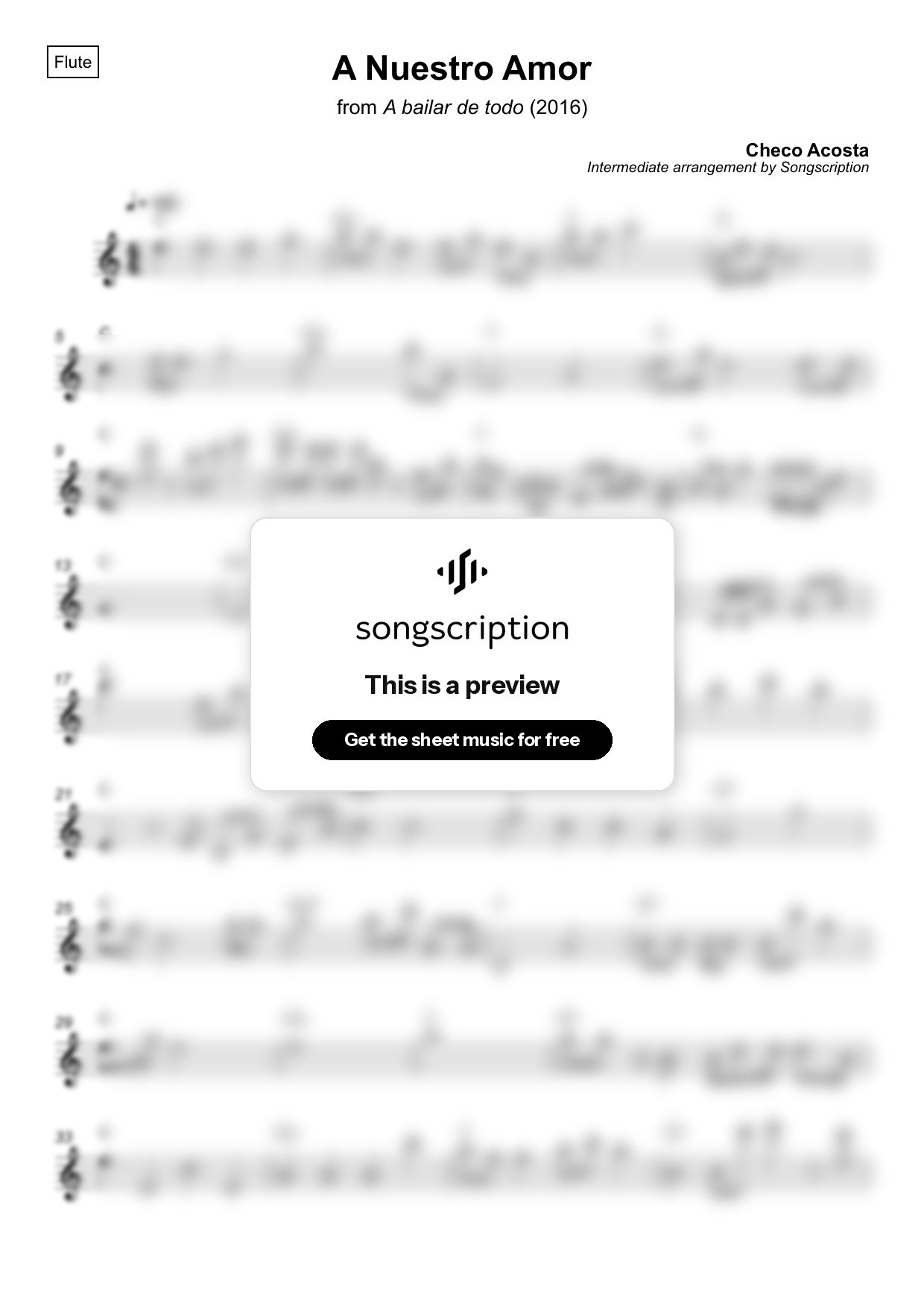 Intermediate Flute Sheet Music for "A Nuestro Amor" by Checo Acosta