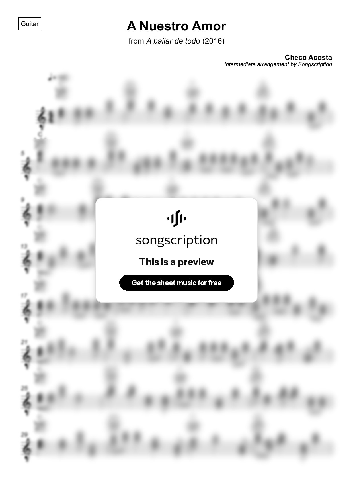 Intermediate Acoustic Guitar Sheet Music for "A Nuestro Amor" by Checo Acosta
