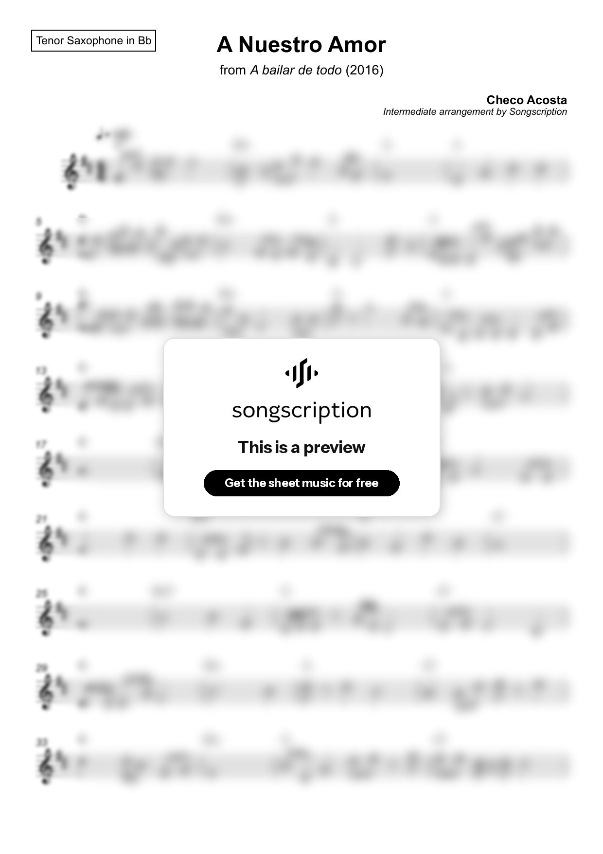 Intermediate Tenor Sax Sheet Music for "A Nuestro Amor" by Checo Acosta