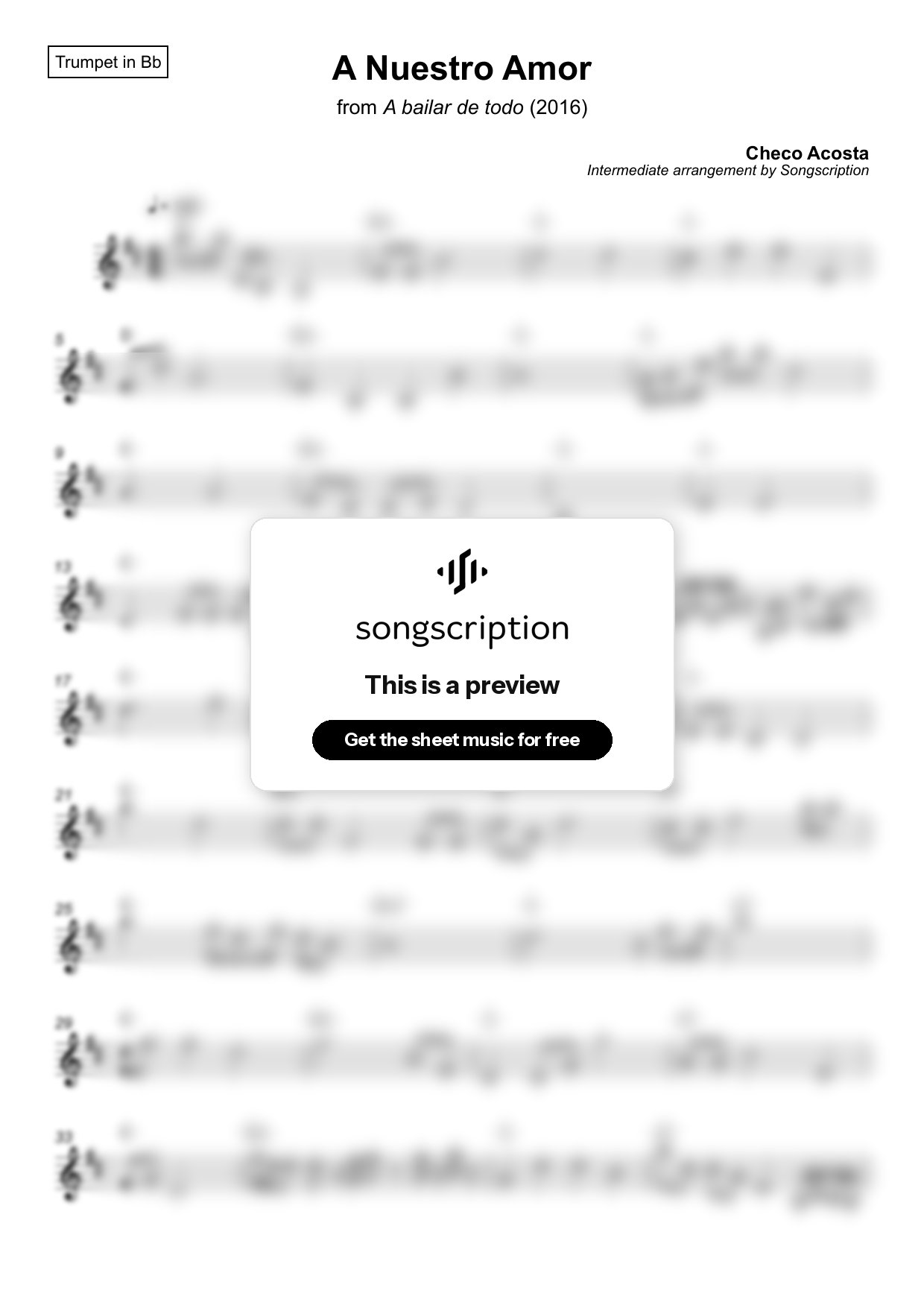 Intermediate Trumpet Sheet Music for "A Nuestro Amor" by Checo Acosta