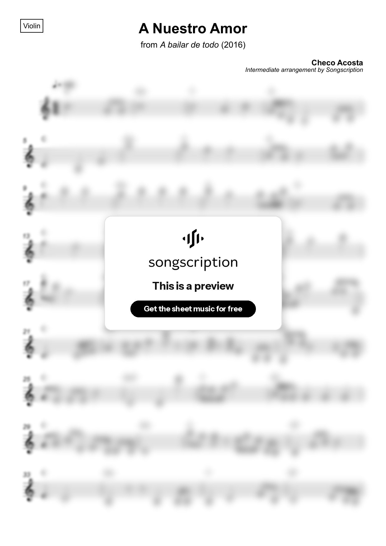 Intermediate Violin Sheet Music for "A Nuestro Amor" by Checo Acosta
