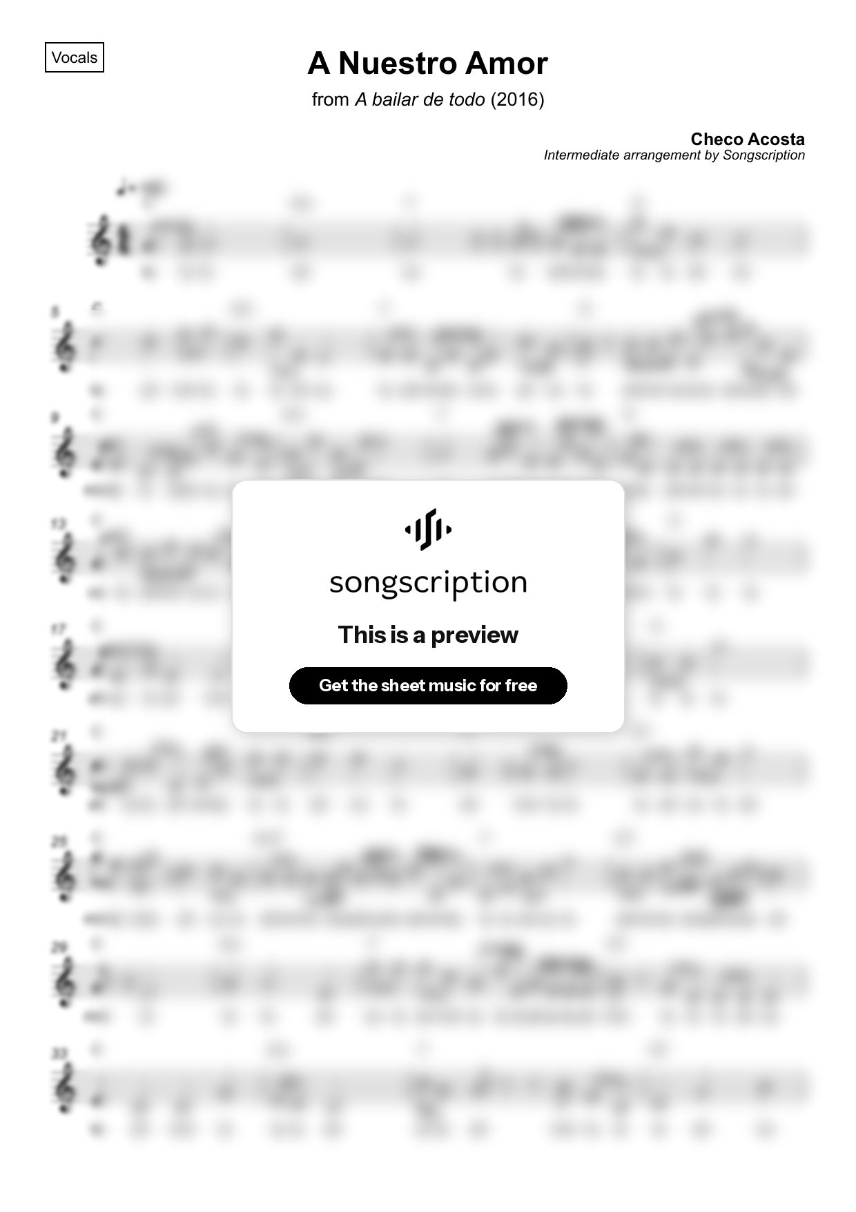 Intermediate Vocals Sheet Music for "A Nuestro Amor" by Checo Acosta