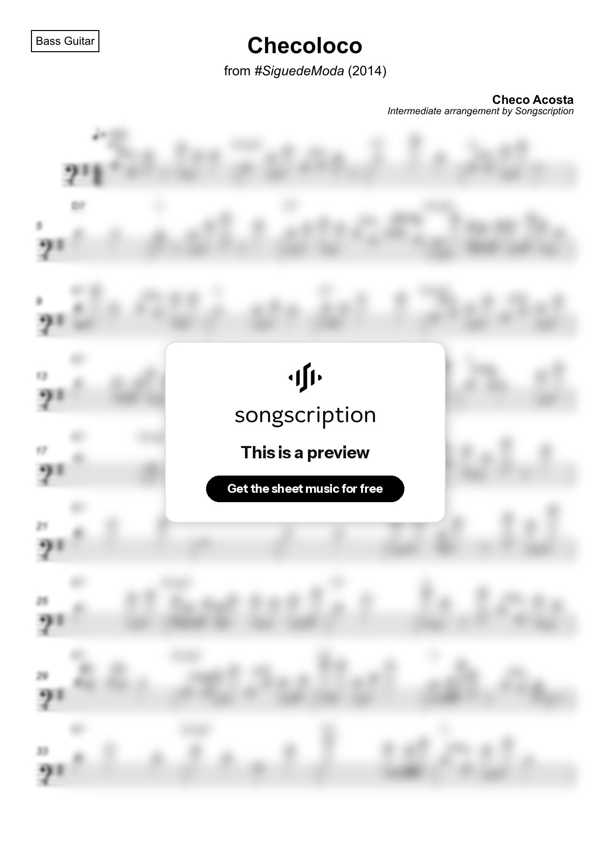 Intermediate Bass Guitar Sheet Music for "Checoloco" by Checo Acosta