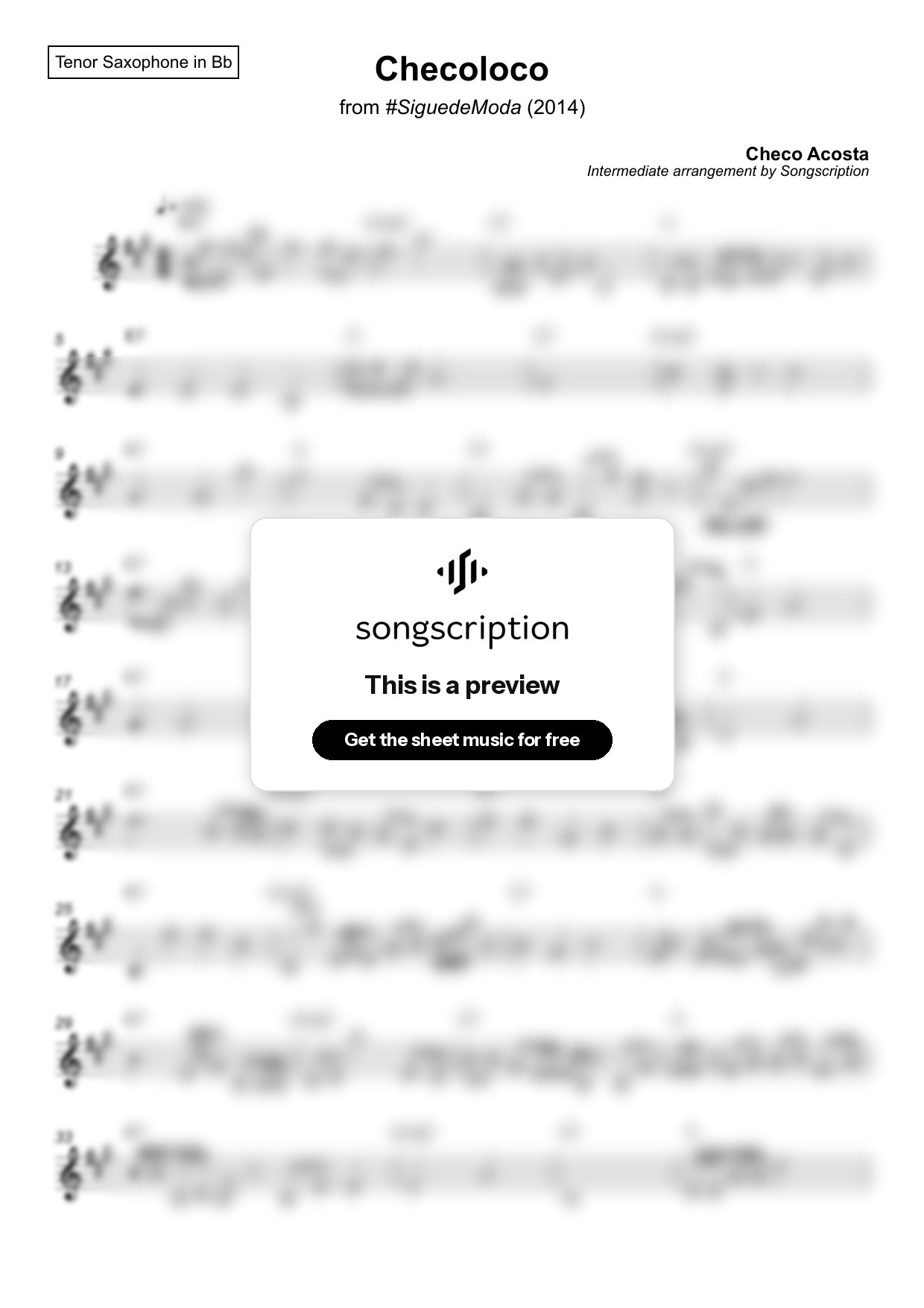 Intermediate Tenor Sax Sheet Music for "Checoloco" by Checo Acosta