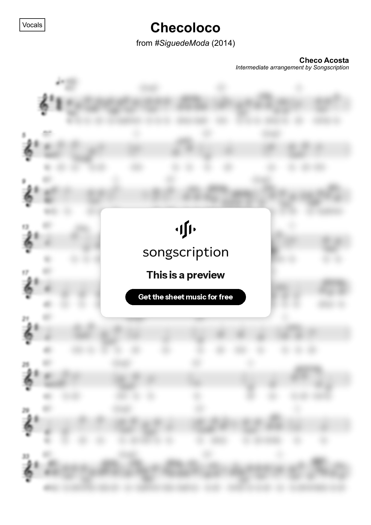 Intermediate Vocals Sheet Music for "Checoloco" by Checo Acosta