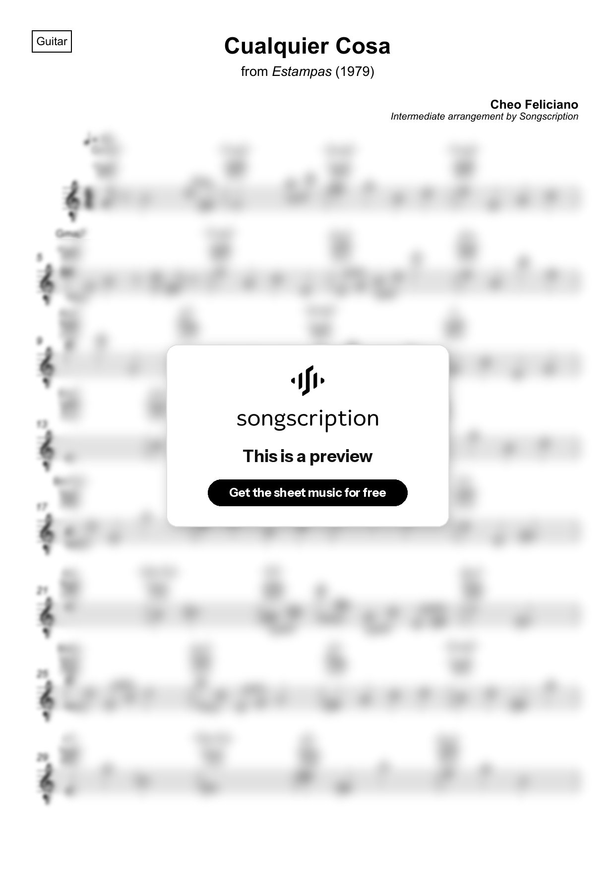 Intermediate Acoustic Guitar Sheet Music for "Cualquier Cosa" by Cheo Feliciano