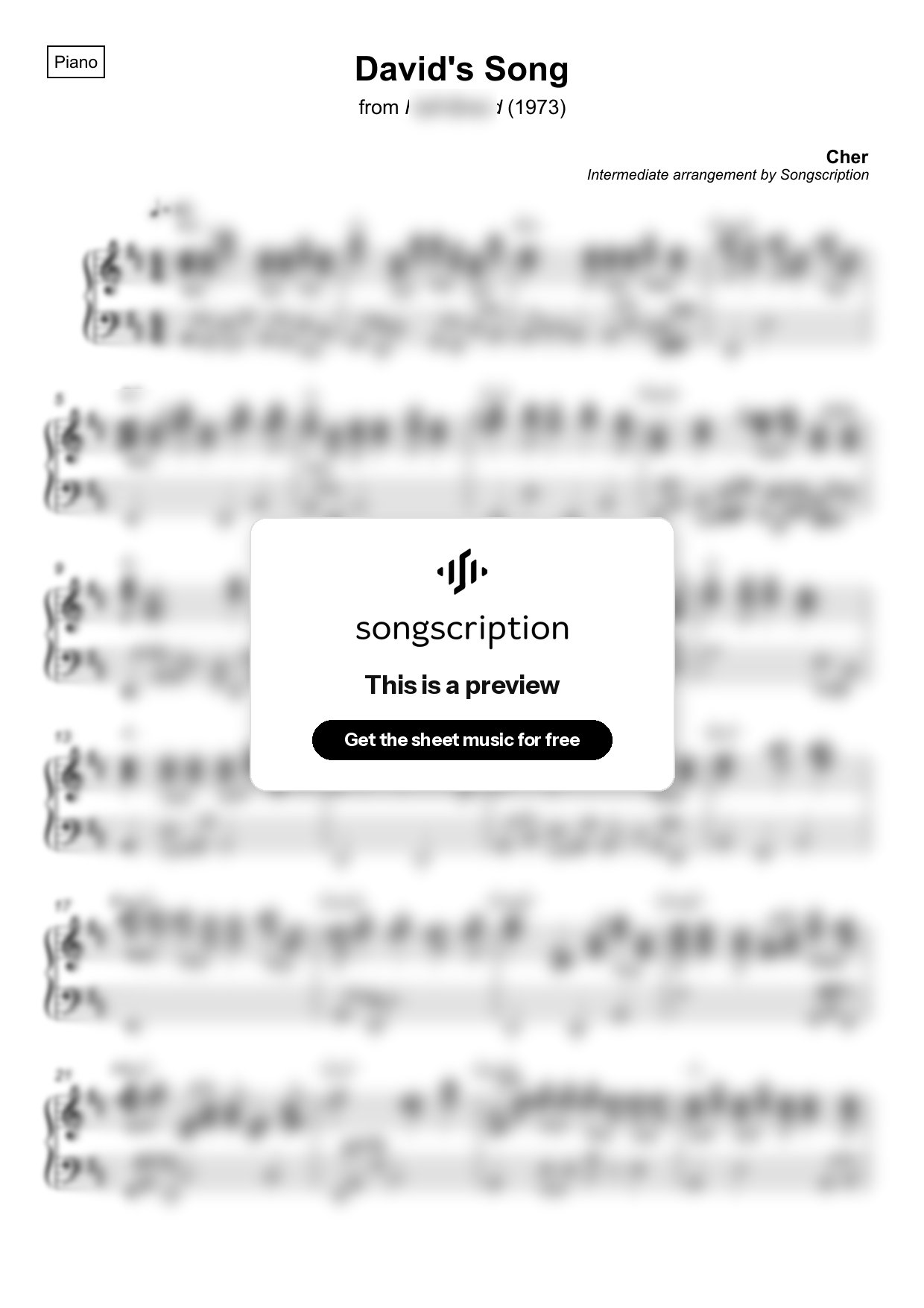 Intermediate Piano Sheet Music for "David's Song" by Cher