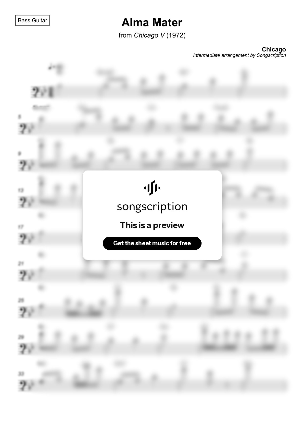 Intermediate Bass Guitar Sheet Music for "Alma Mater" by Chicago
