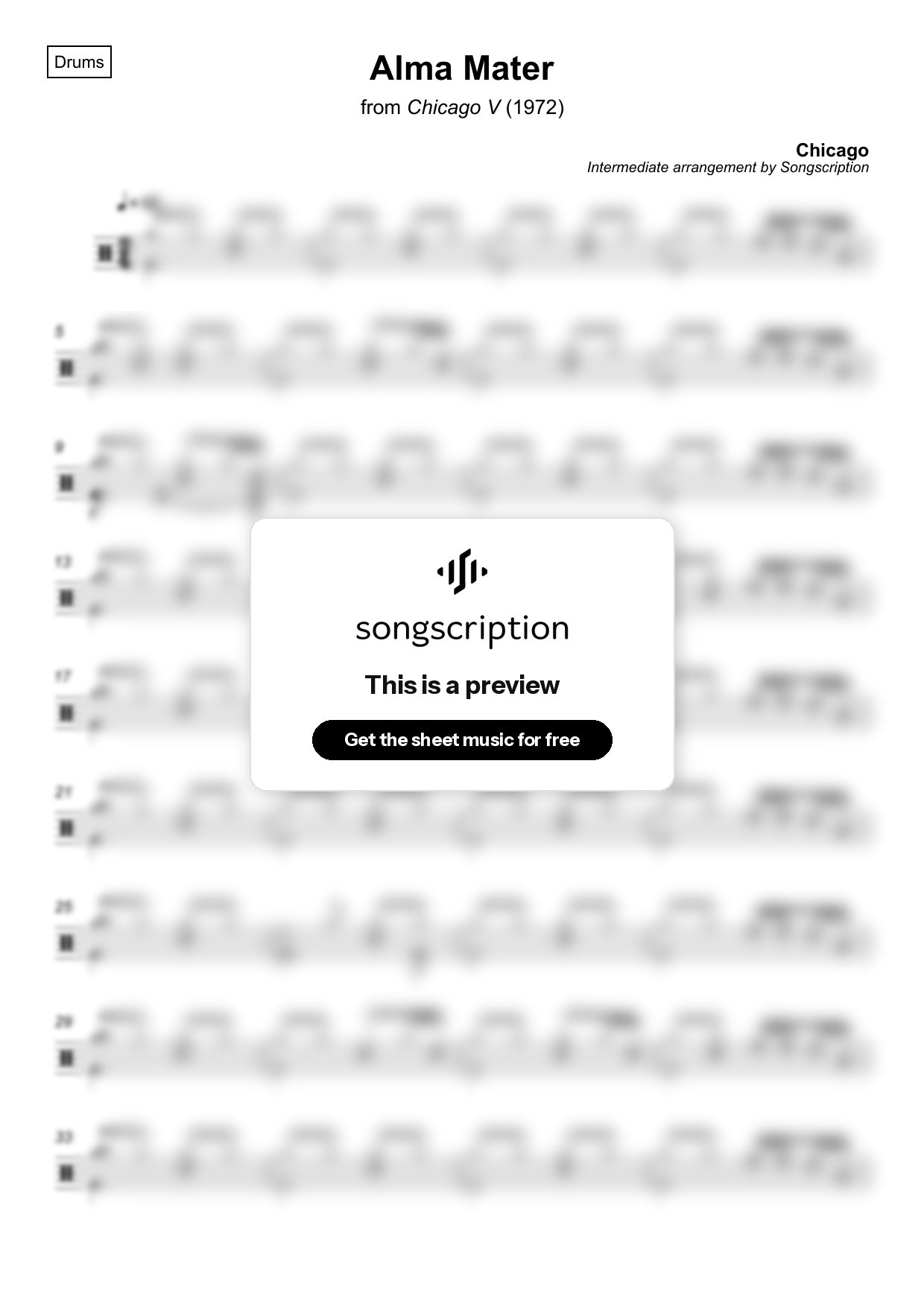 Intermediate Drums Sheet Music for "Alma Mater" by Chicago