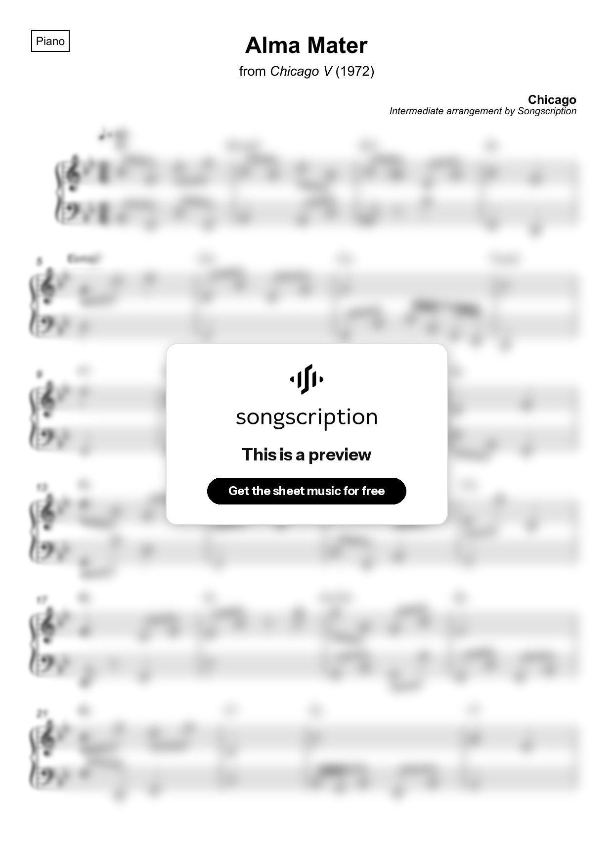 Intermediate Piano Sheet Music for "Alma Mater" by Chicago