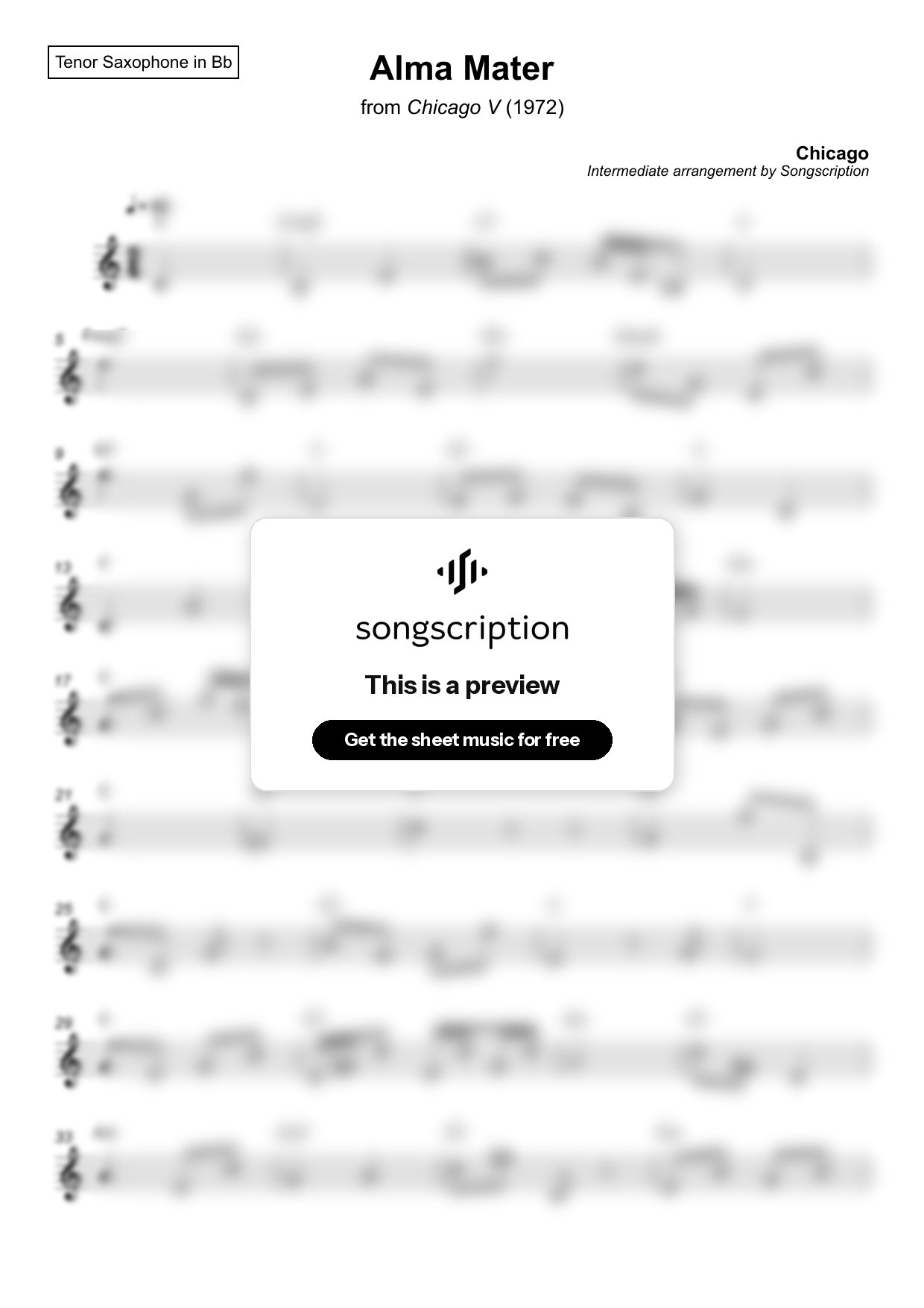 Intermediate Tenor Sax Sheet Music for "Alma Mater" by Chicago