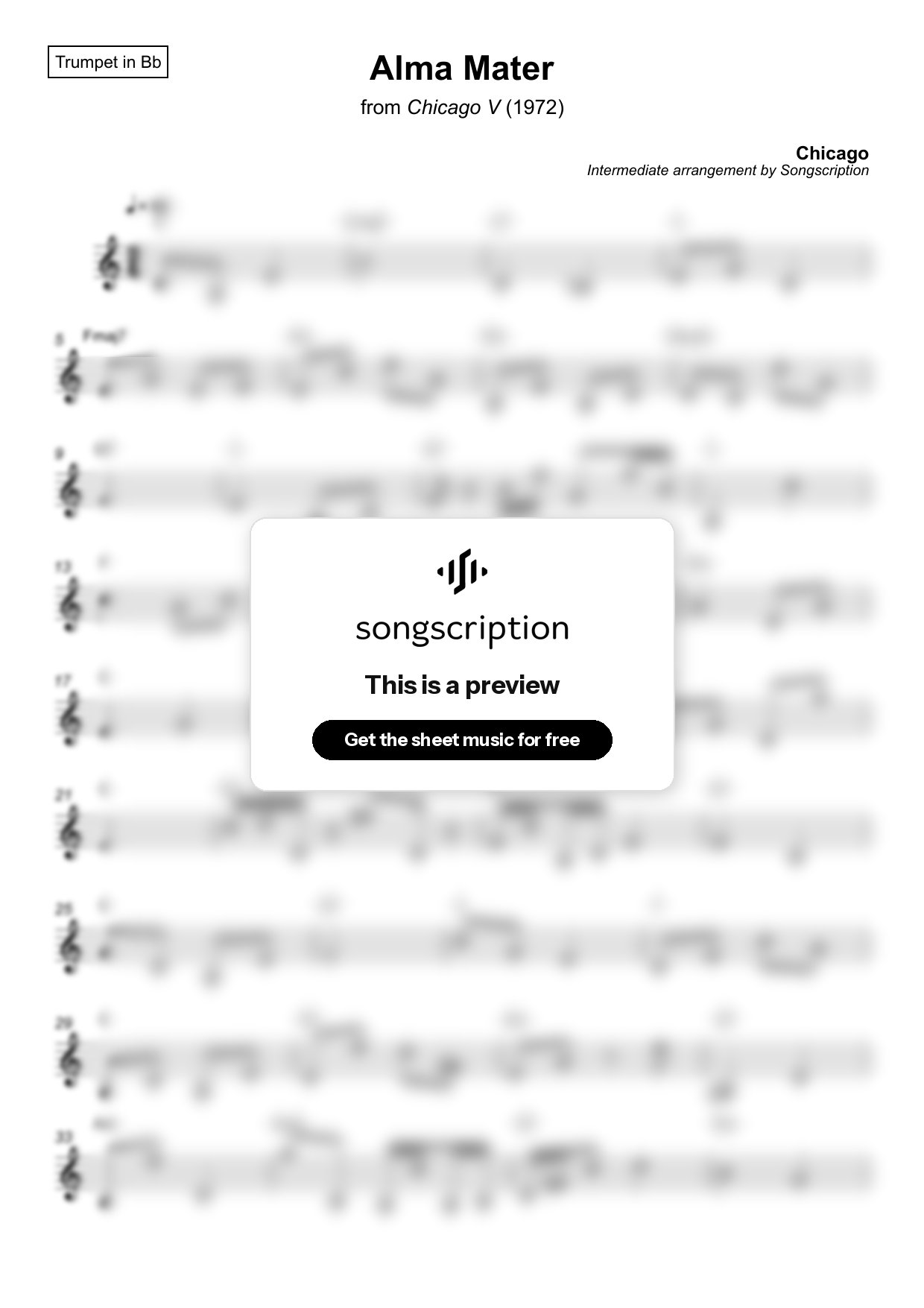 Intermediate Trumpet Sheet Music for "Alma Mater" by Chicago