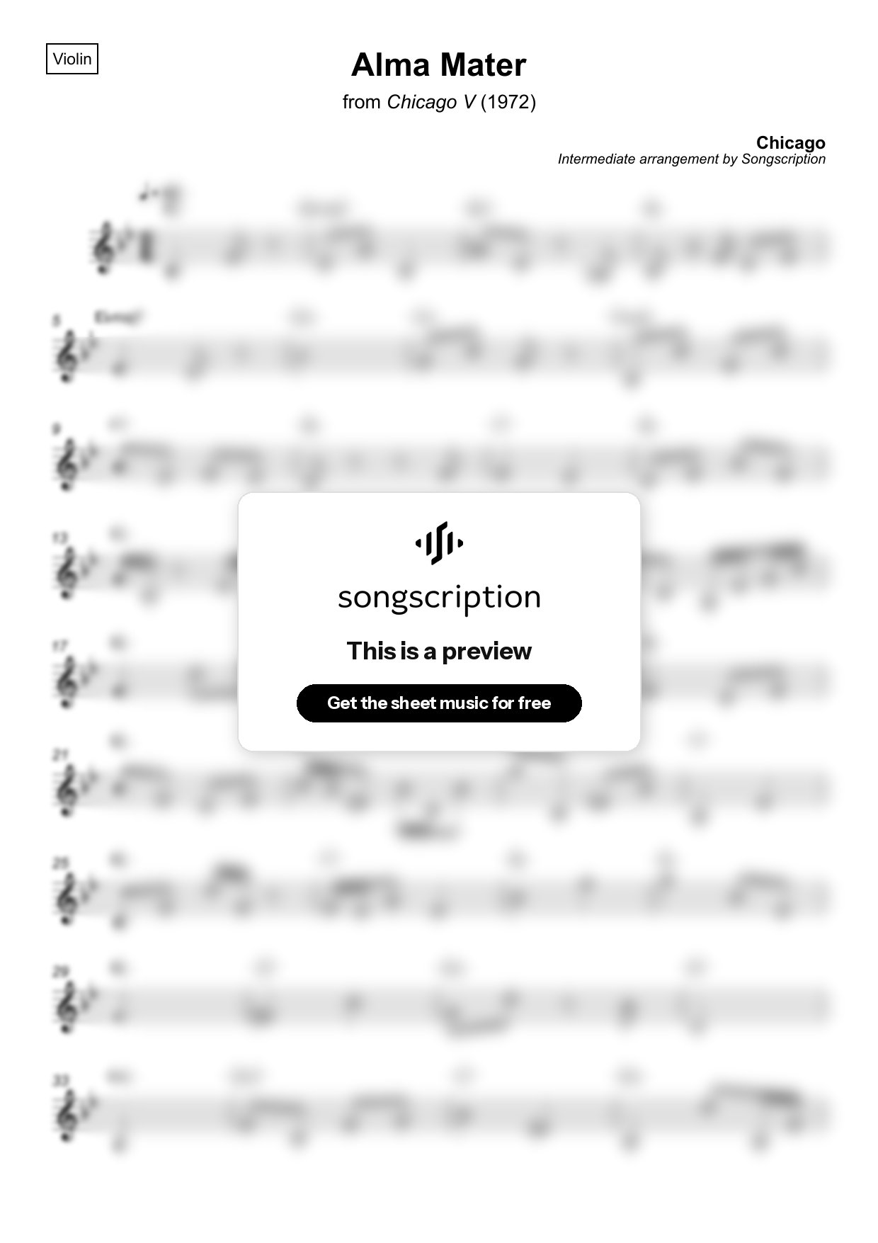 Intermediate Violin Sheet Music for "Alma Mater" by Chicago