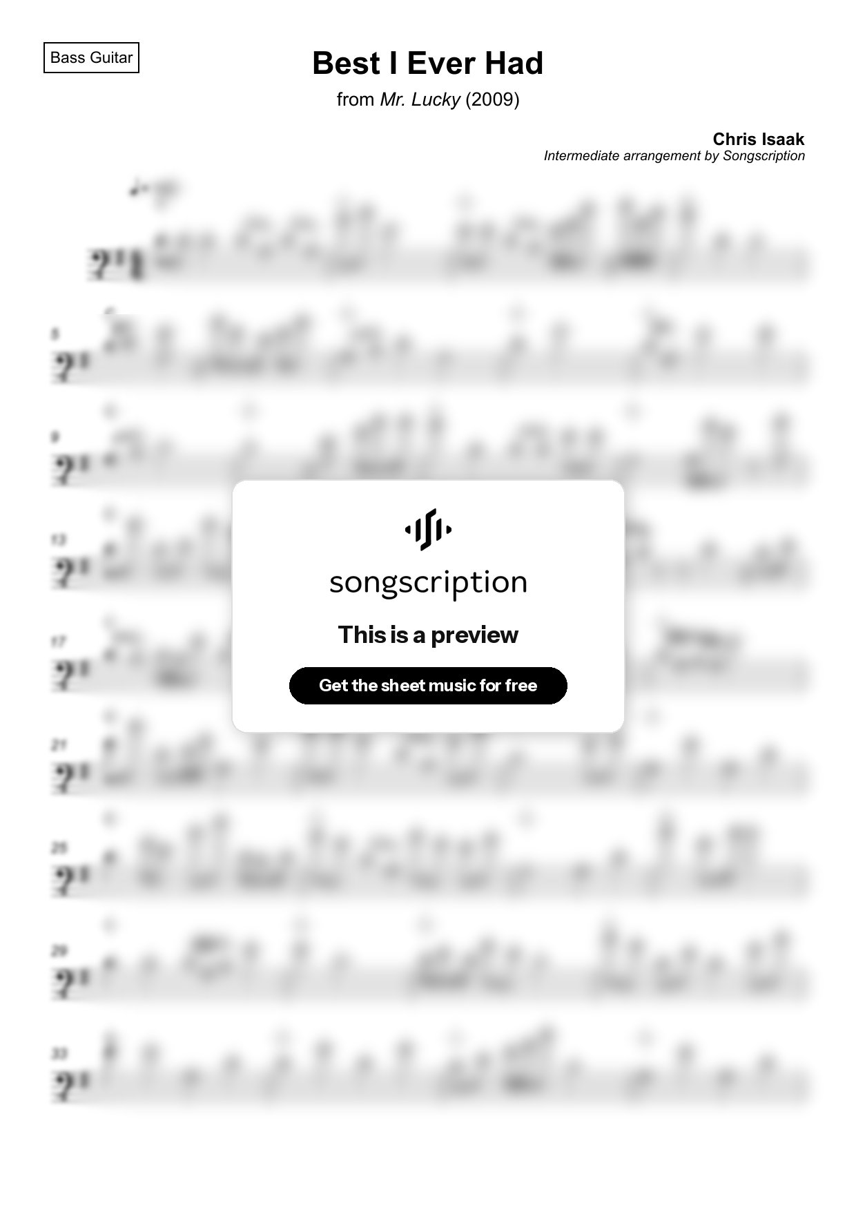 Intermediate Bass Guitar Sheet Music for "Best I Ever Had" by Chris Isaak