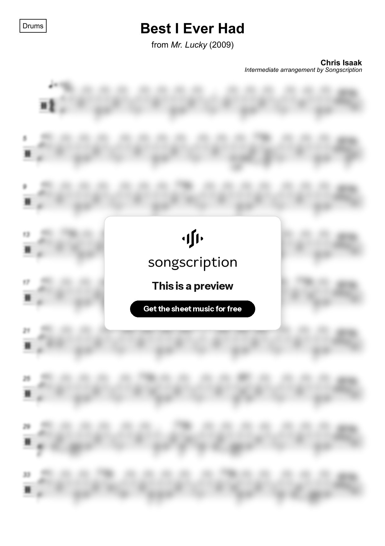 Intermediate Drums Sheet Music for "Best I Ever Had" by Chris Isaak