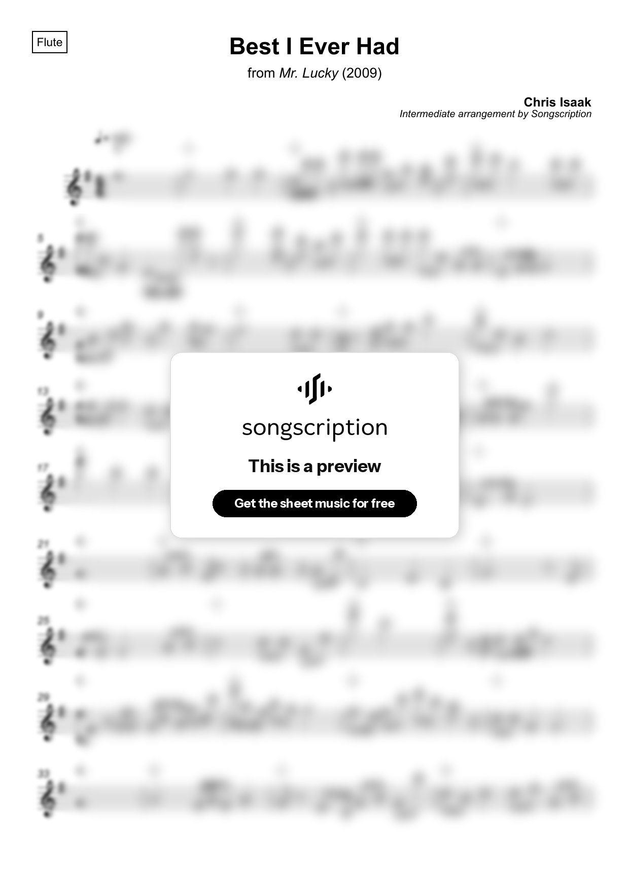 Intermediate Flute Sheet Music for "Best I Ever Had" by Chris Isaak