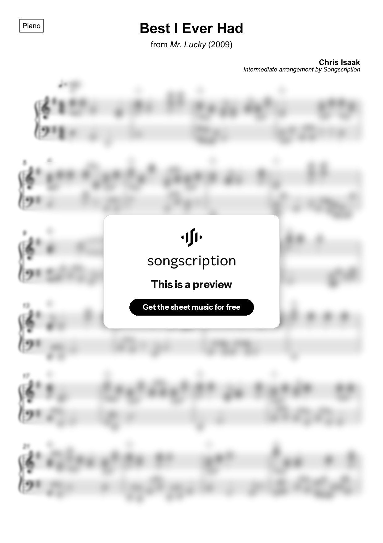 Intermediate Piano Sheet Music for "Best I Ever Had" by Chris Isaak