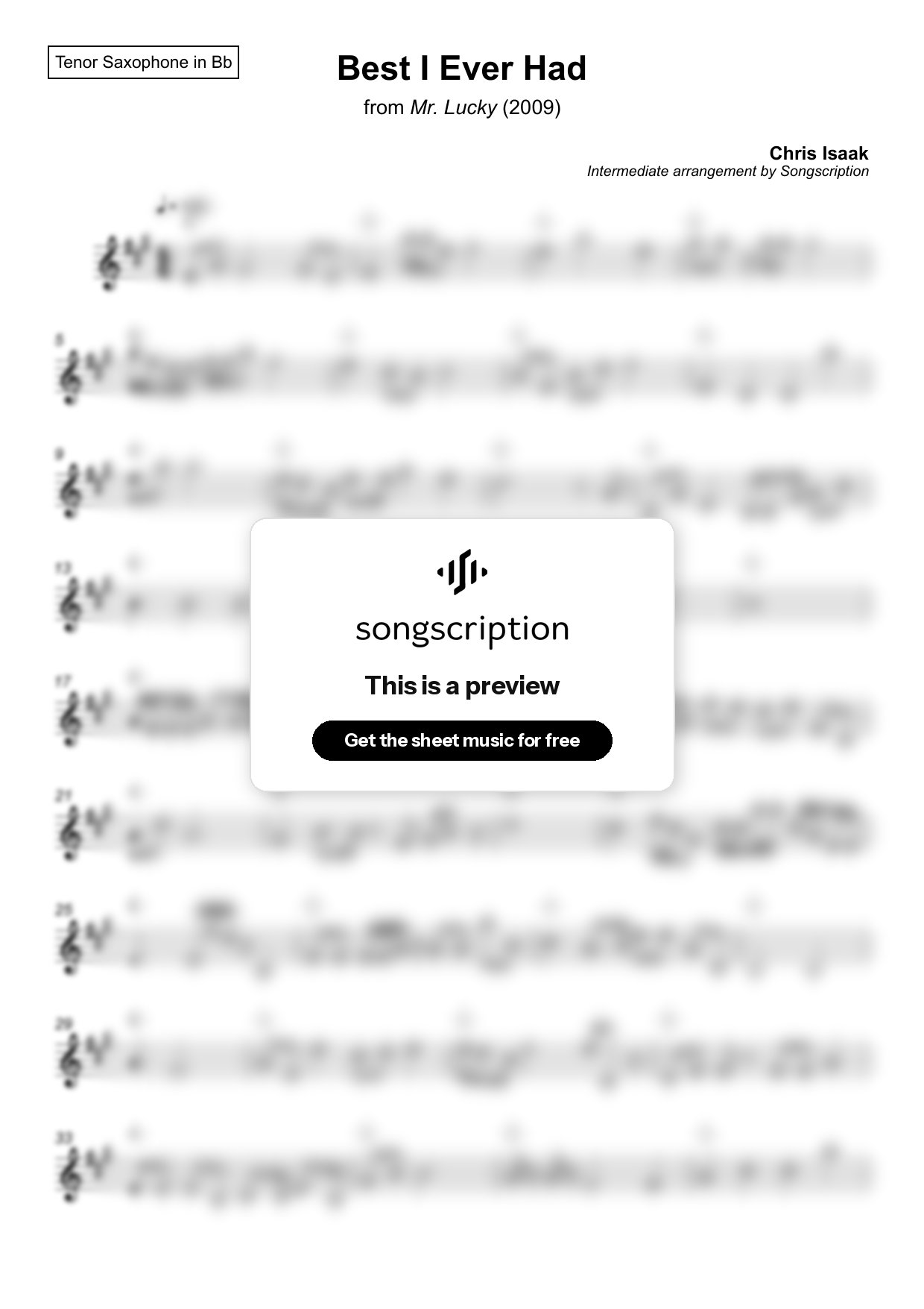 Intermediate Tenor Sax Sheet Music for "Best I Ever Had" by Chris Isaak