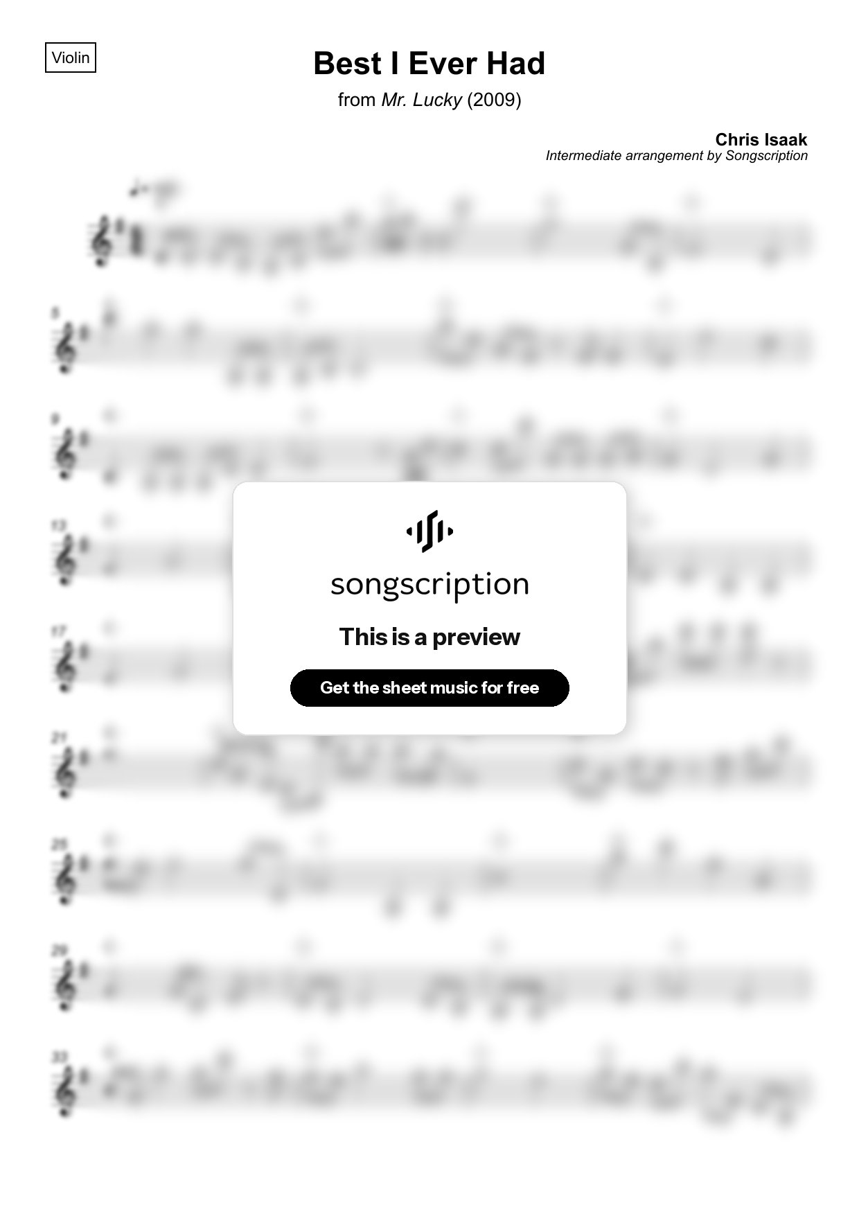 Intermediate Violin Sheet Music for "Best I Ever Had" by Chris Isaak
