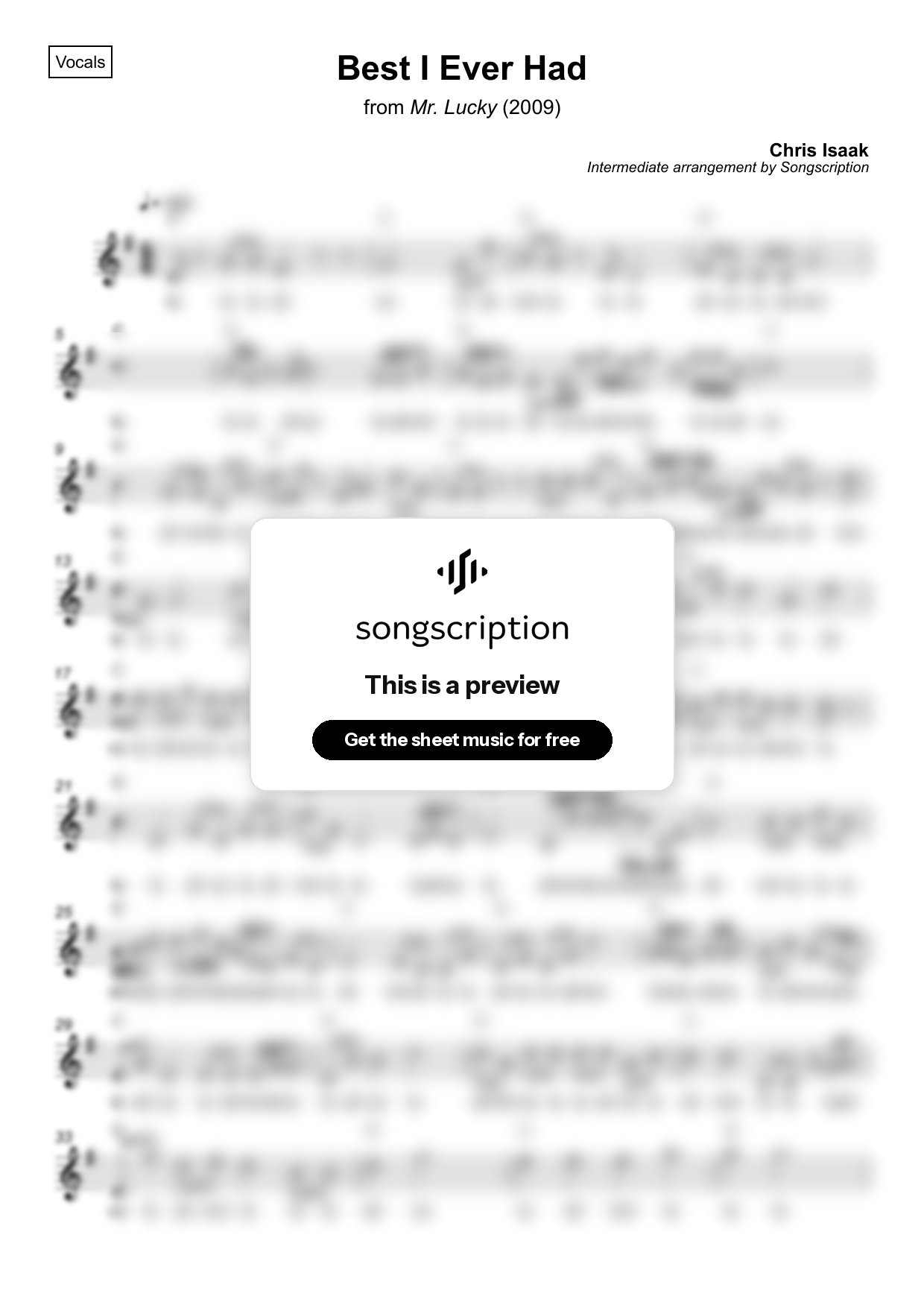 Intermediate Vocals Sheet Music for "Best I Ever Had" by Chris Isaak