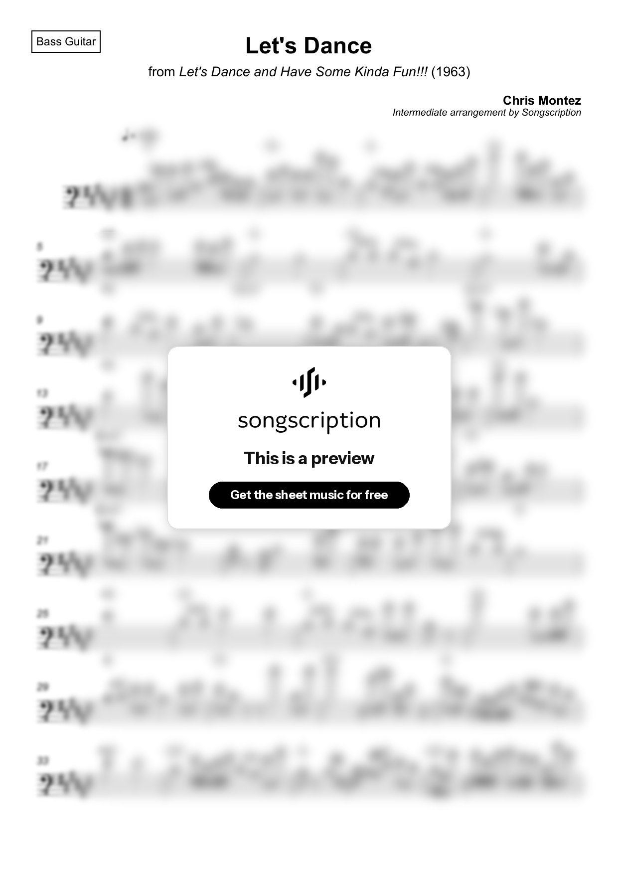 Intermediate Bass Guitar Sheet Music for "Let's Dance" by Chris Montez