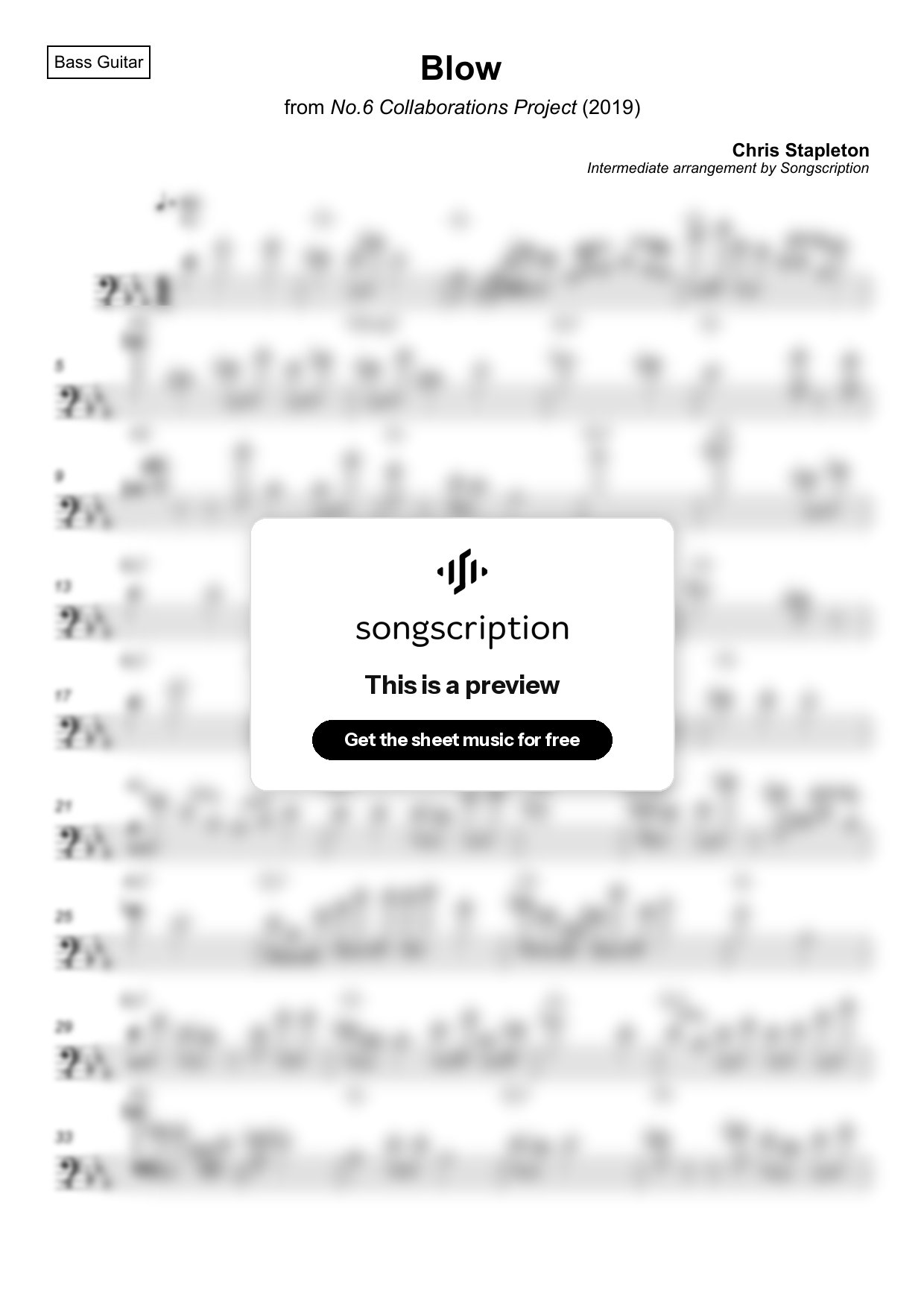 Intermediate Bass Guitar Sheet Music for "Blow" by Chris Stapleton