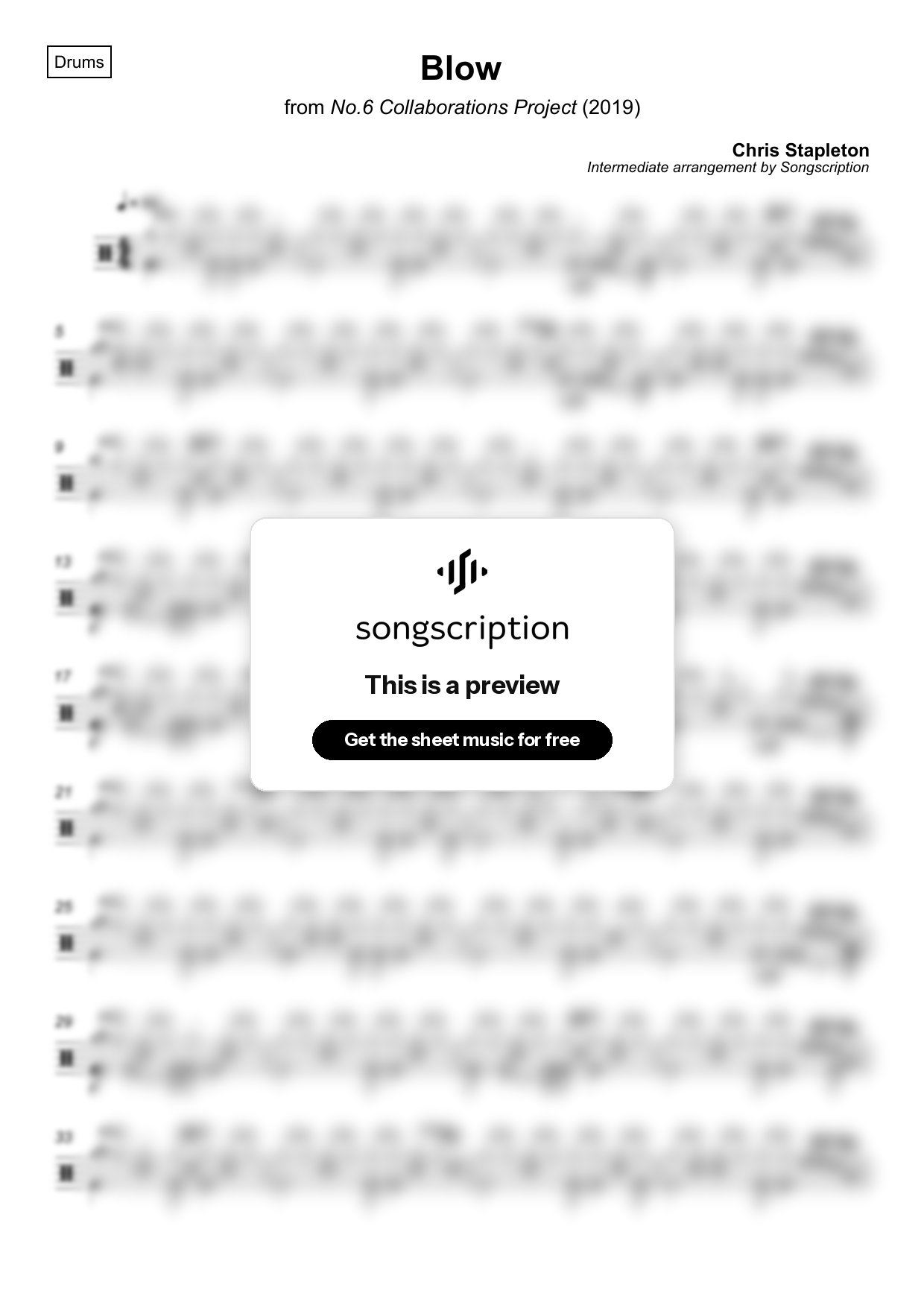 Intermediate Drums Sheet Music for "Blow" by Chris Stapleton