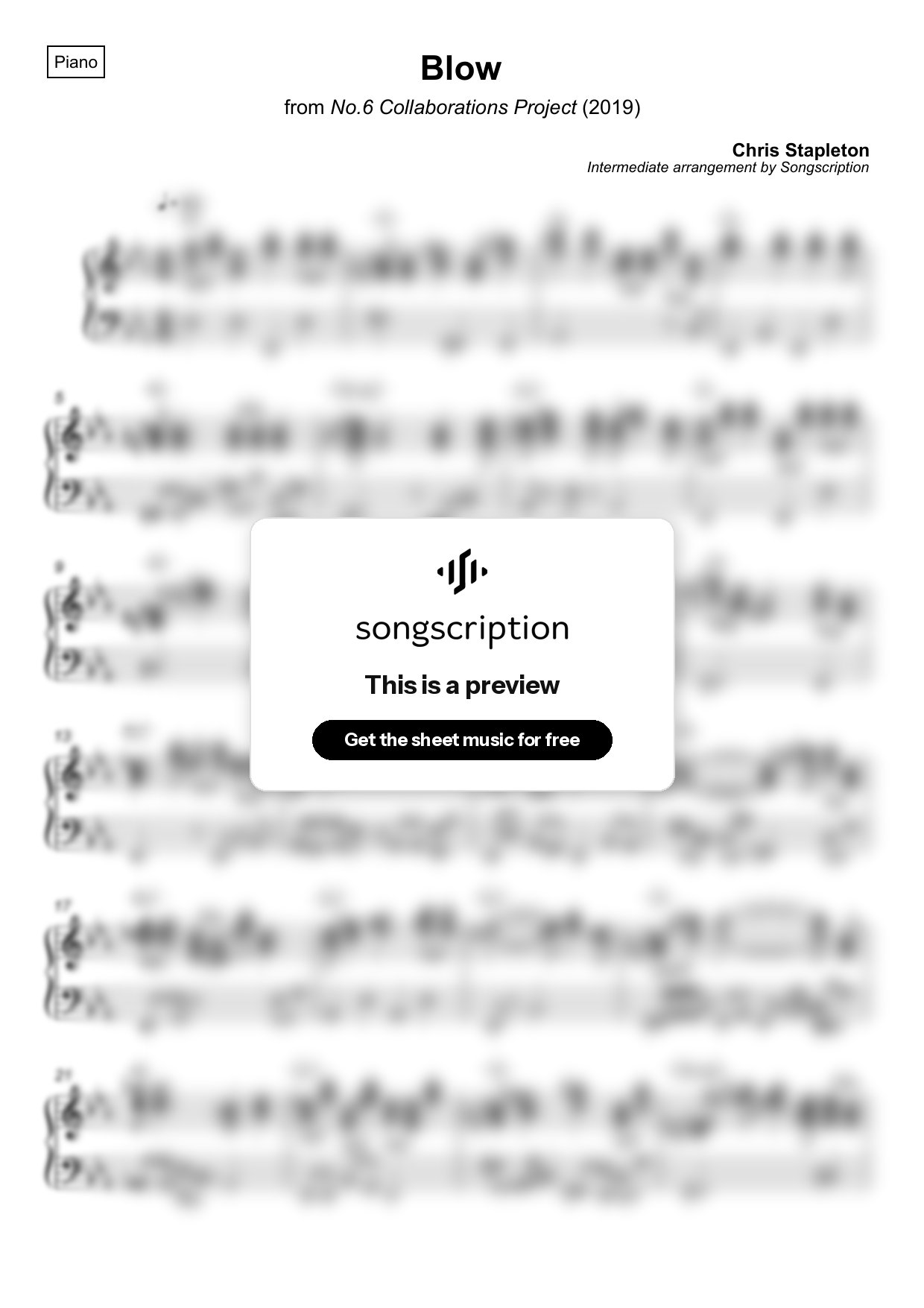 Intermediate Piano Sheet Music for "Blow" by Chris Stapleton