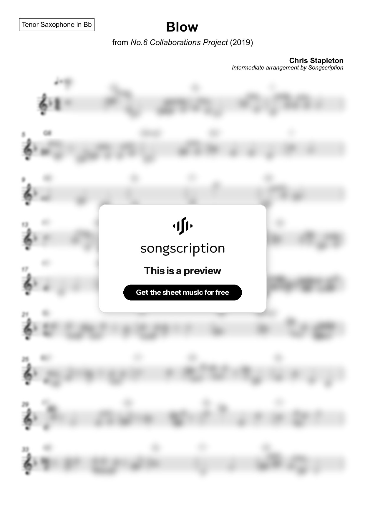 Intermediate Tenor Sax Sheet Music for "Blow" by Chris Stapleton