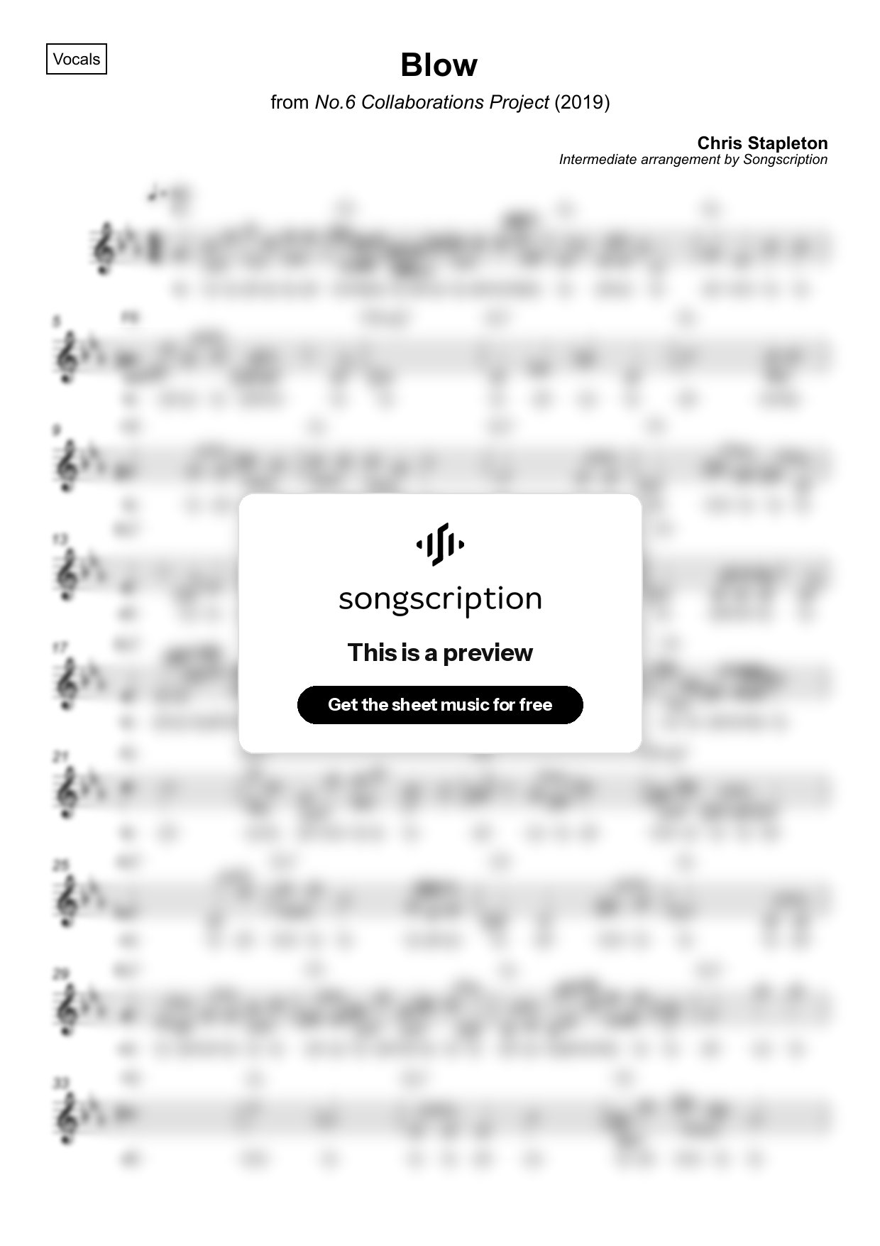 Intermediate Vocals Sheet Music for "Blow" by Chris Stapleton