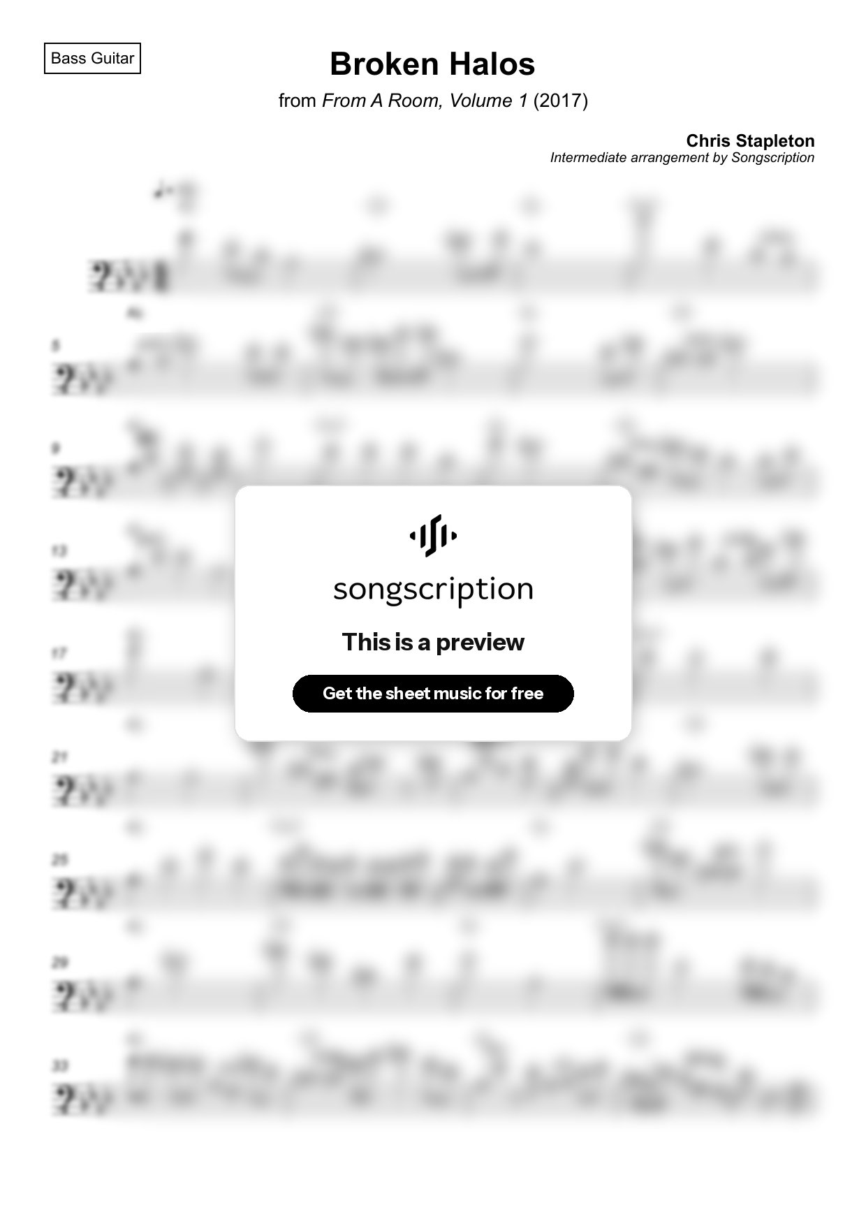 Intermediate Bass Guitar Sheet Music for "Broken Halos" by Chris Stapleton