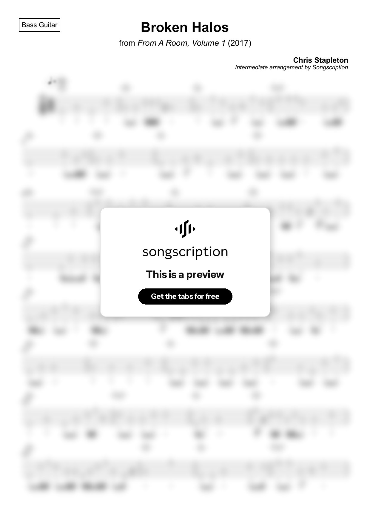 Intermediate Bass Guitar Tabs for "Broken Halos" by Chris Stapleton