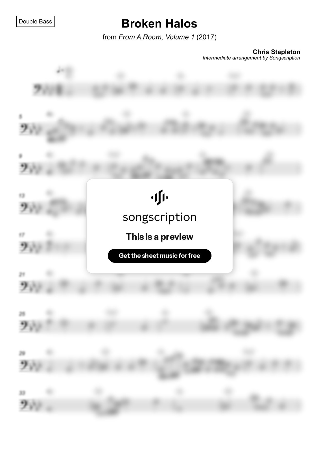 Intermediate Double Bass Sheet Music for "Broken Halos" by Chris Stapleton