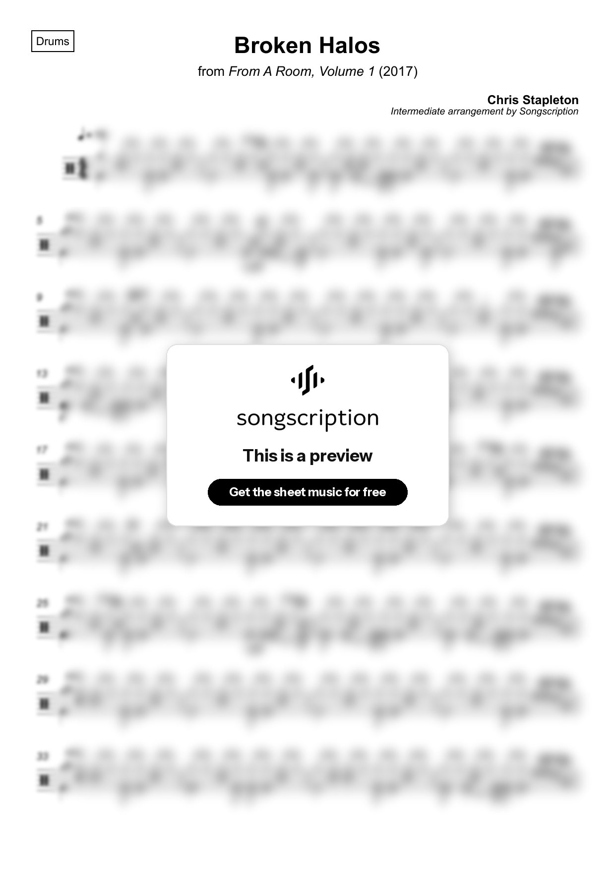 Intermediate Drums Sheet Music for "Broken Halos" by Chris Stapleton