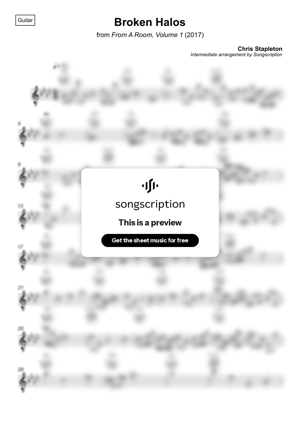 Intermediate Acoustic Guitar Sheet Music for "Broken Halos" by Chris Stapleton