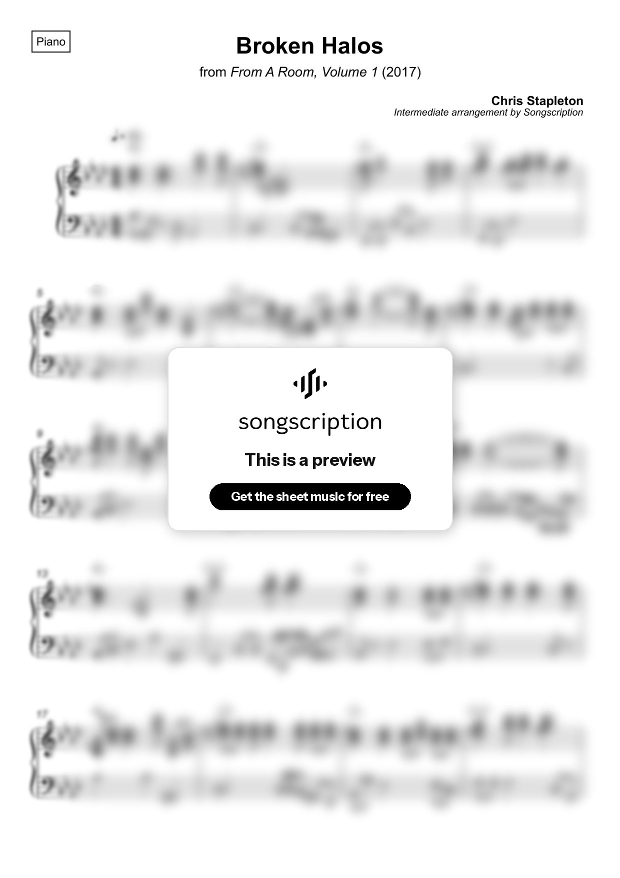 Intermediate Piano Sheet Music for "Broken Halos" by Chris Stapleton