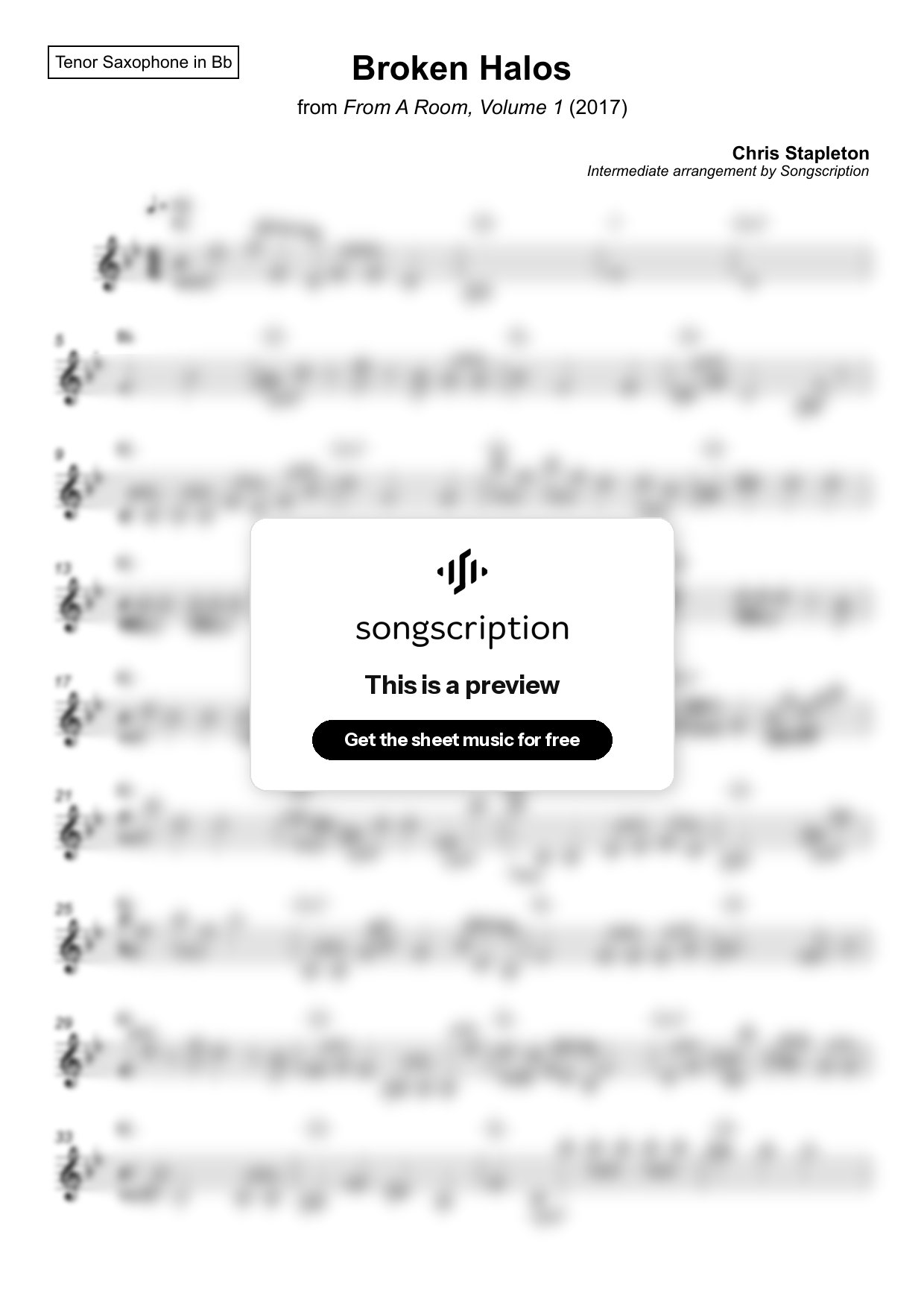 Intermediate Tenor Sax Sheet Music for "Broken Halos" by Chris Stapleton