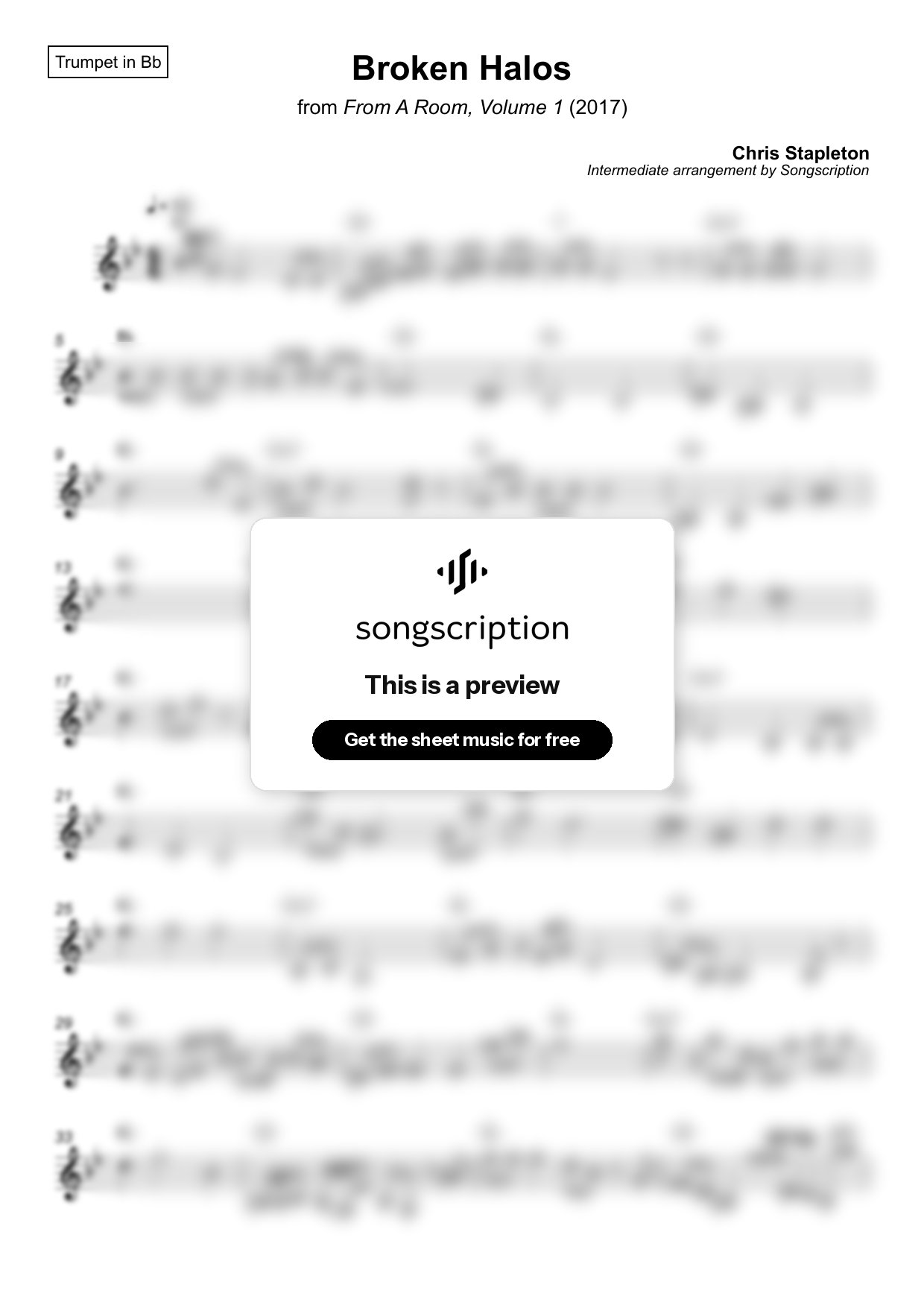 Intermediate Trumpet Sheet Music for "Broken Halos" by Chris Stapleton