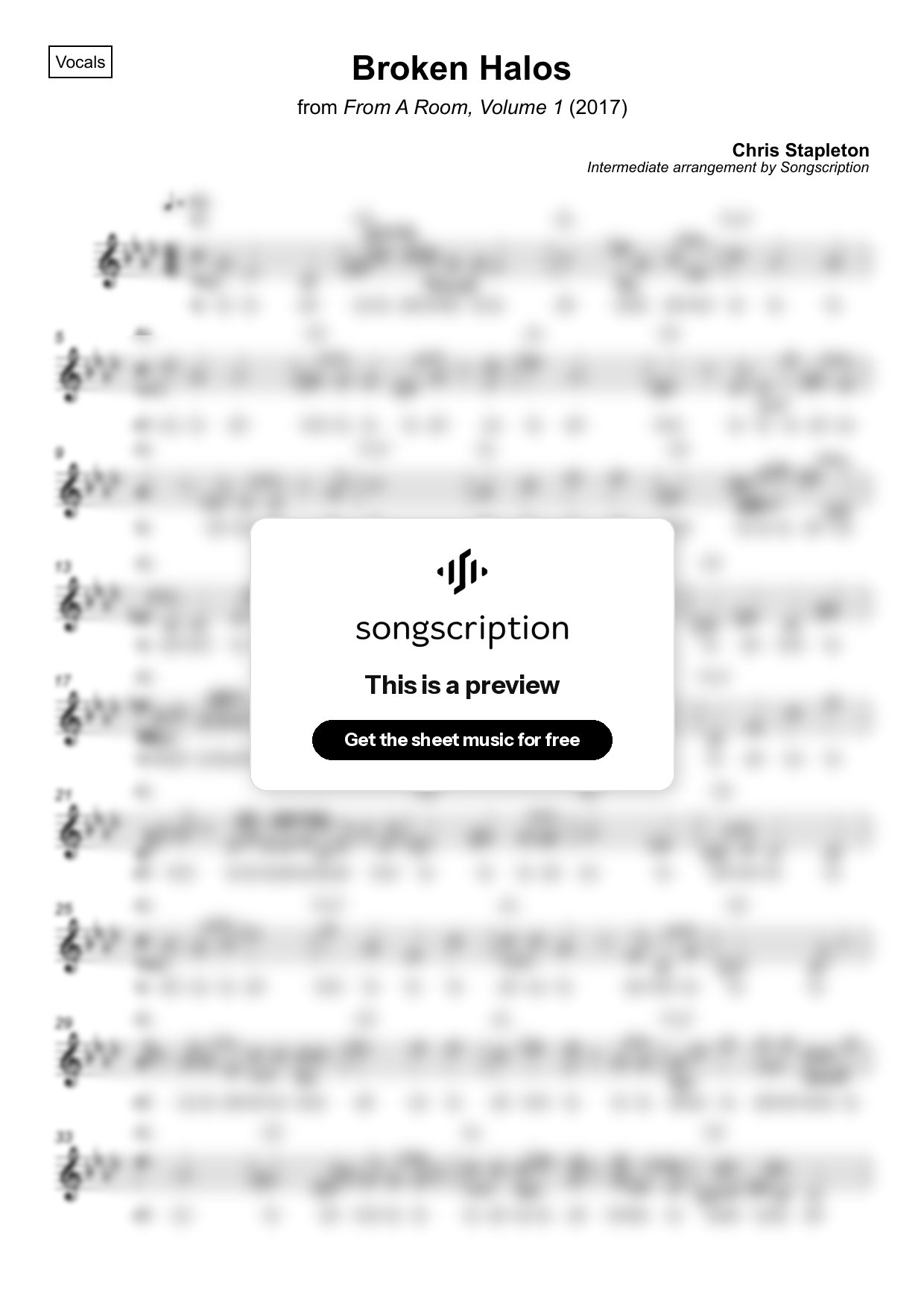 Intermediate Vocals Sheet Music for "Broken Halos" by Chris Stapleton
