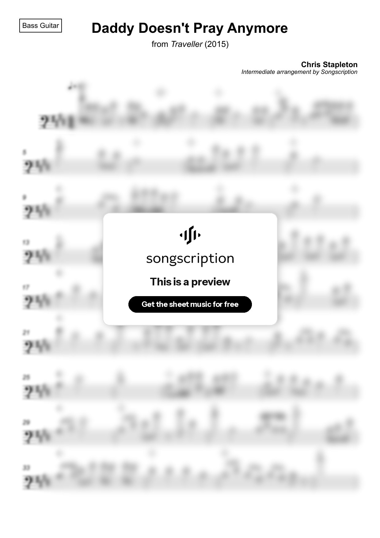 Intermediate Bass Guitar Sheet Music for "Daddy Doesn't Pray Anymore" by Chris Stapleton