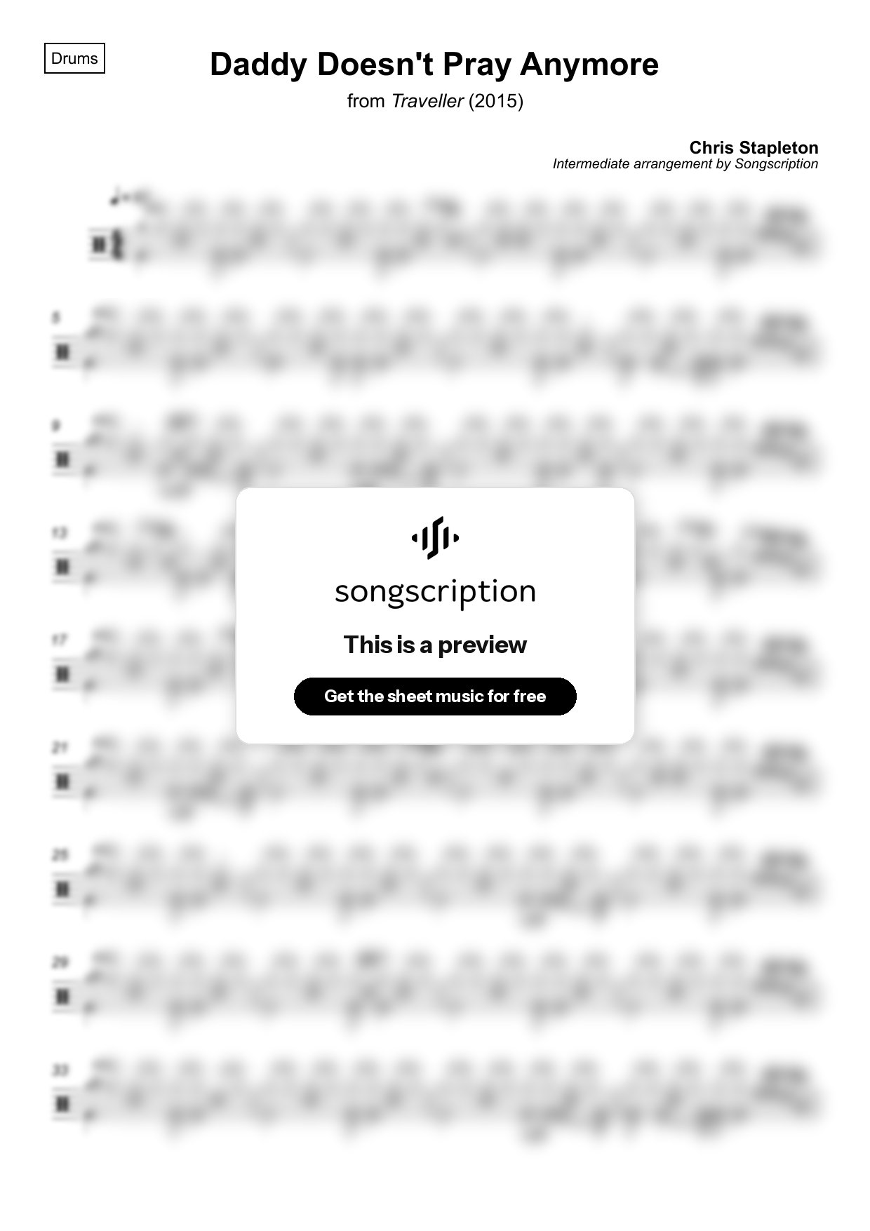 Intermediate Drums Sheet Music for "Daddy Doesn't Pray Anymore" by Chris Stapleton