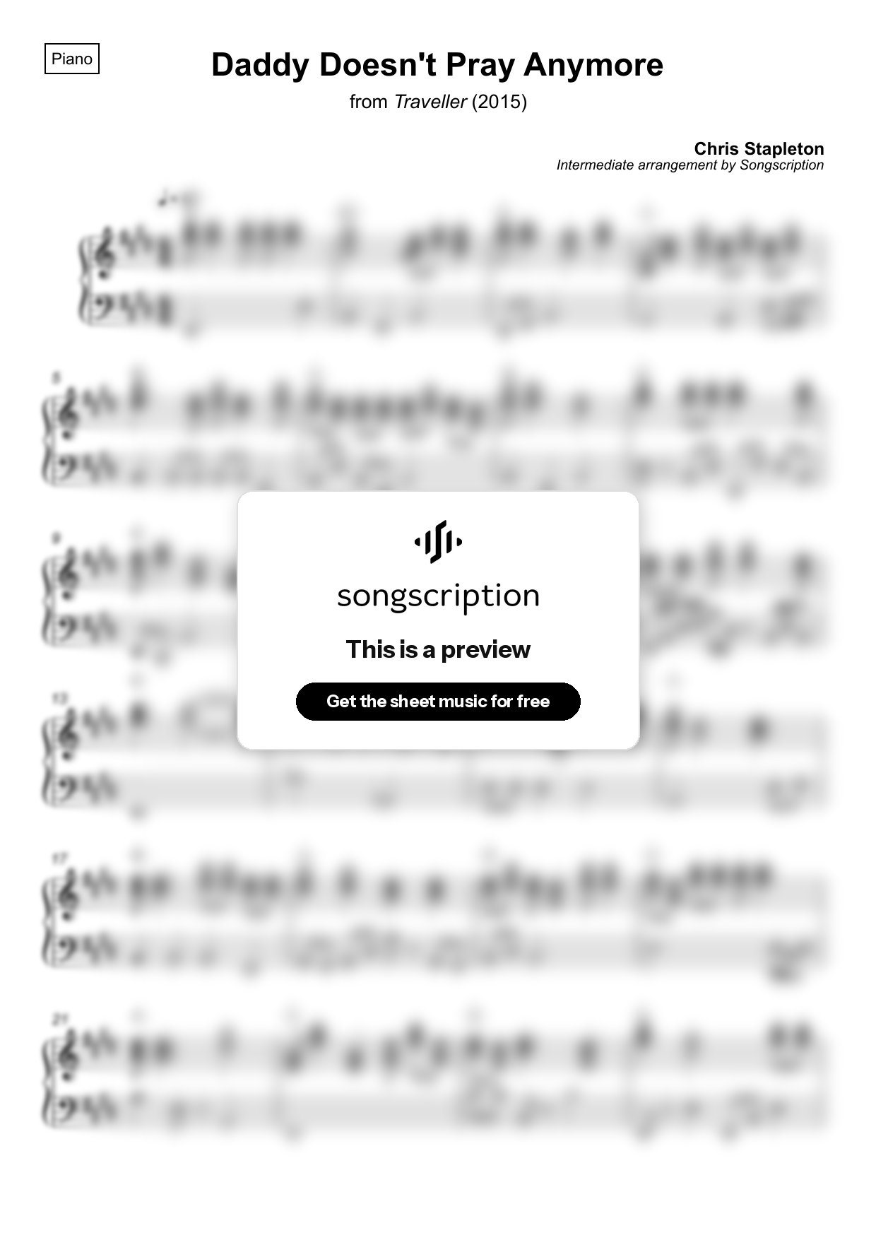 Intermediate Piano Sheet Music for "Daddy Doesn't Pray Anymore" by Chris Stapleton