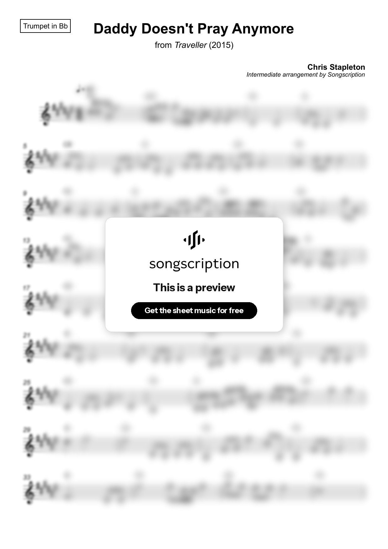 Intermediate Trumpet Sheet Music for "Daddy Doesn't Pray Anymore" by Chris Stapleton