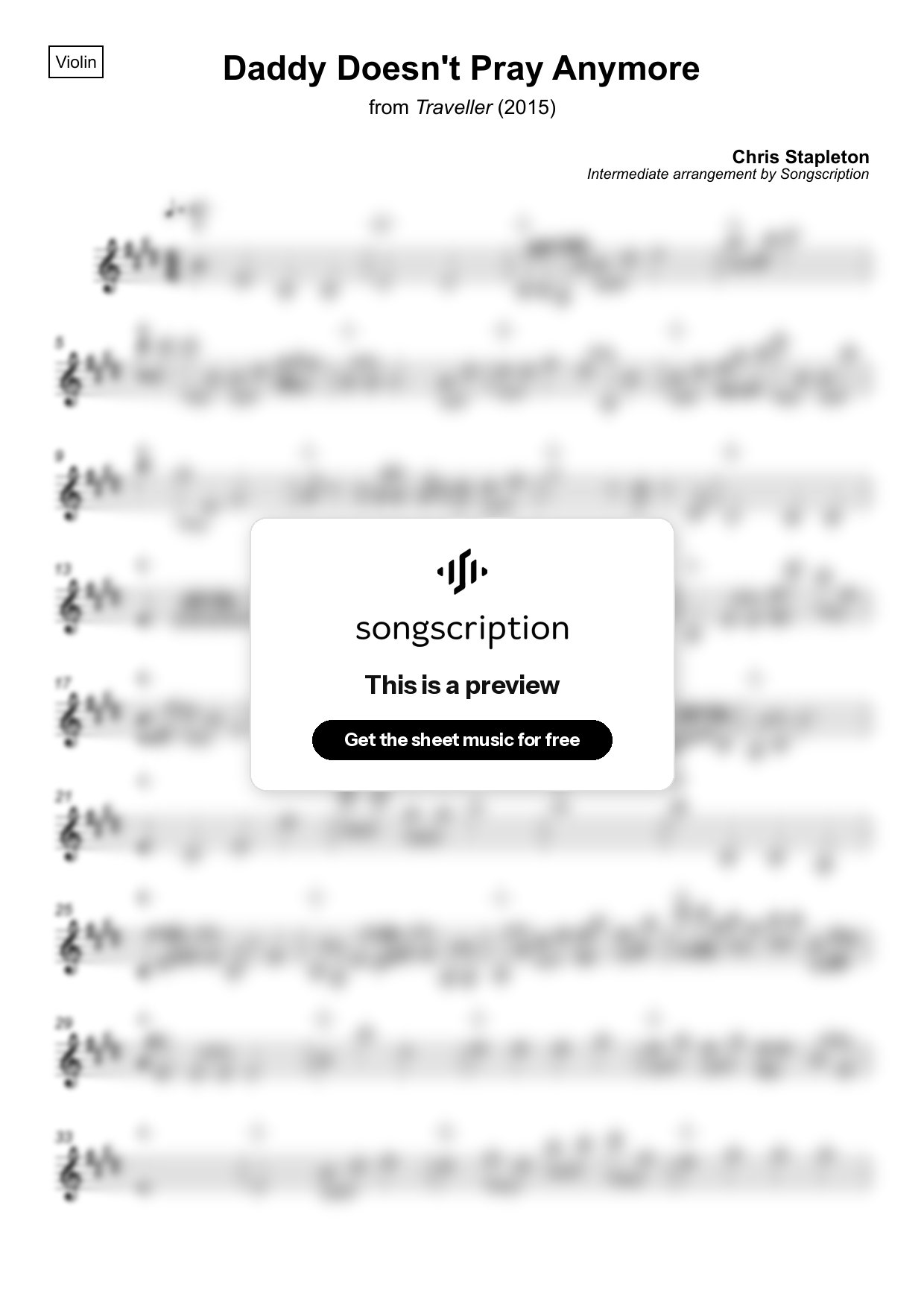 Intermediate Violin Sheet Music for "Daddy Doesn't Pray Anymore" by Chris Stapleton