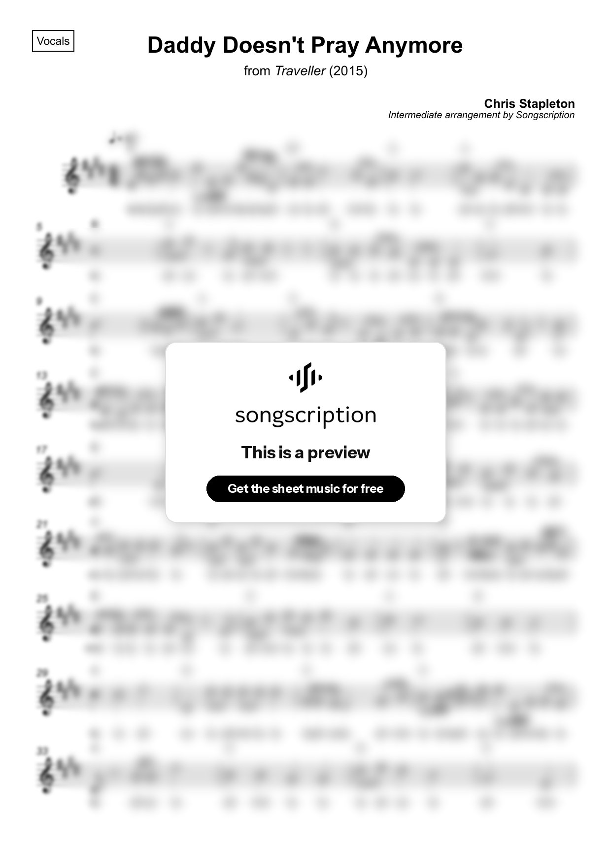 Intermediate Vocals Sheet Music for "Daddy Doesn't Pray Anymore" by Chris Stapleton