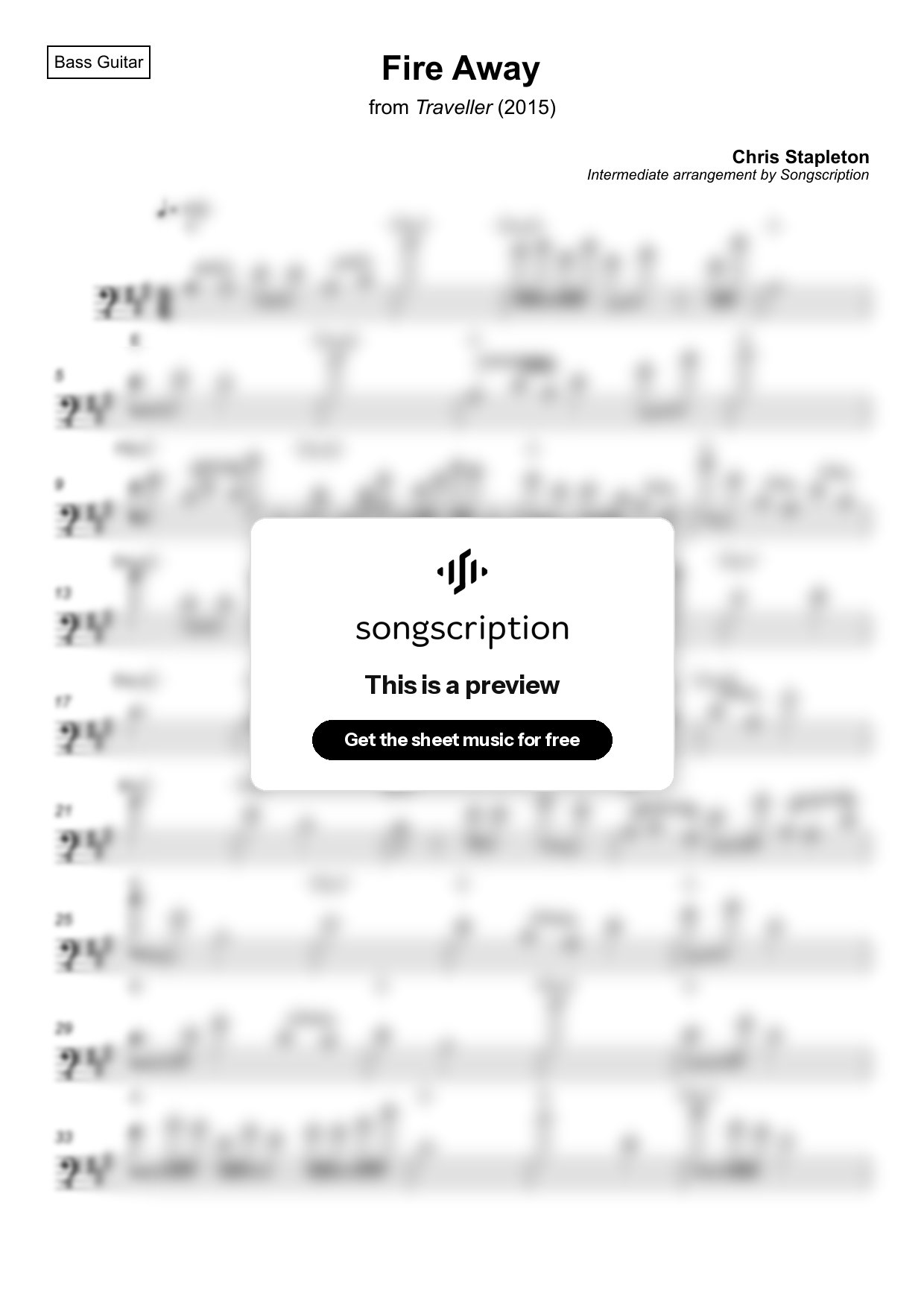 Intermediate Bass Guitar Sheet Music for "Fire Away" by Chris Stapleton