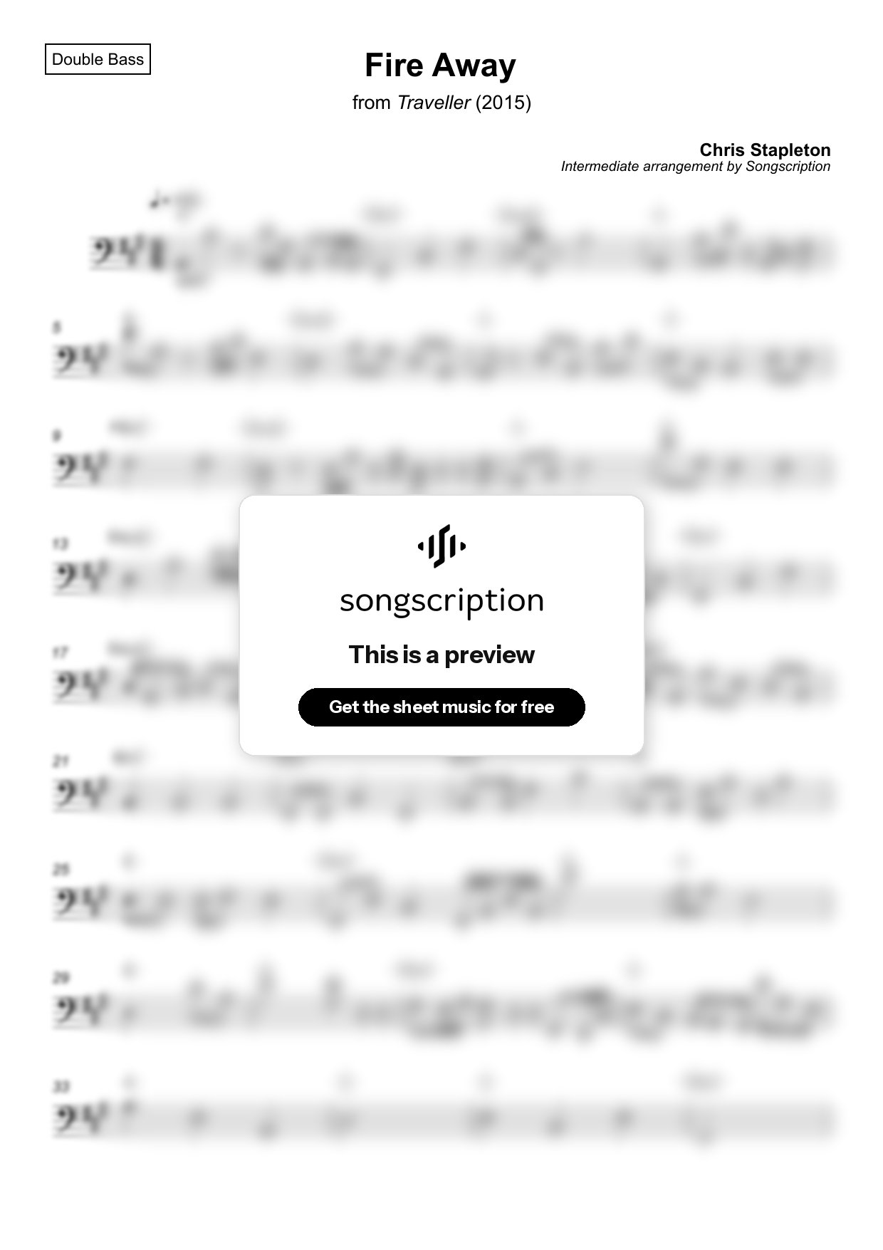 Intermediate Double Bass Sheet Music for "Fire Away" by Chris Stapleton